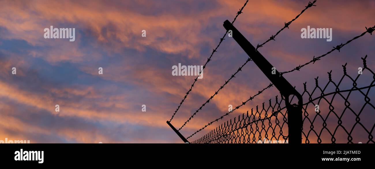 Сontour of barbed wire on the background of the sunset orange sky Stock ...
