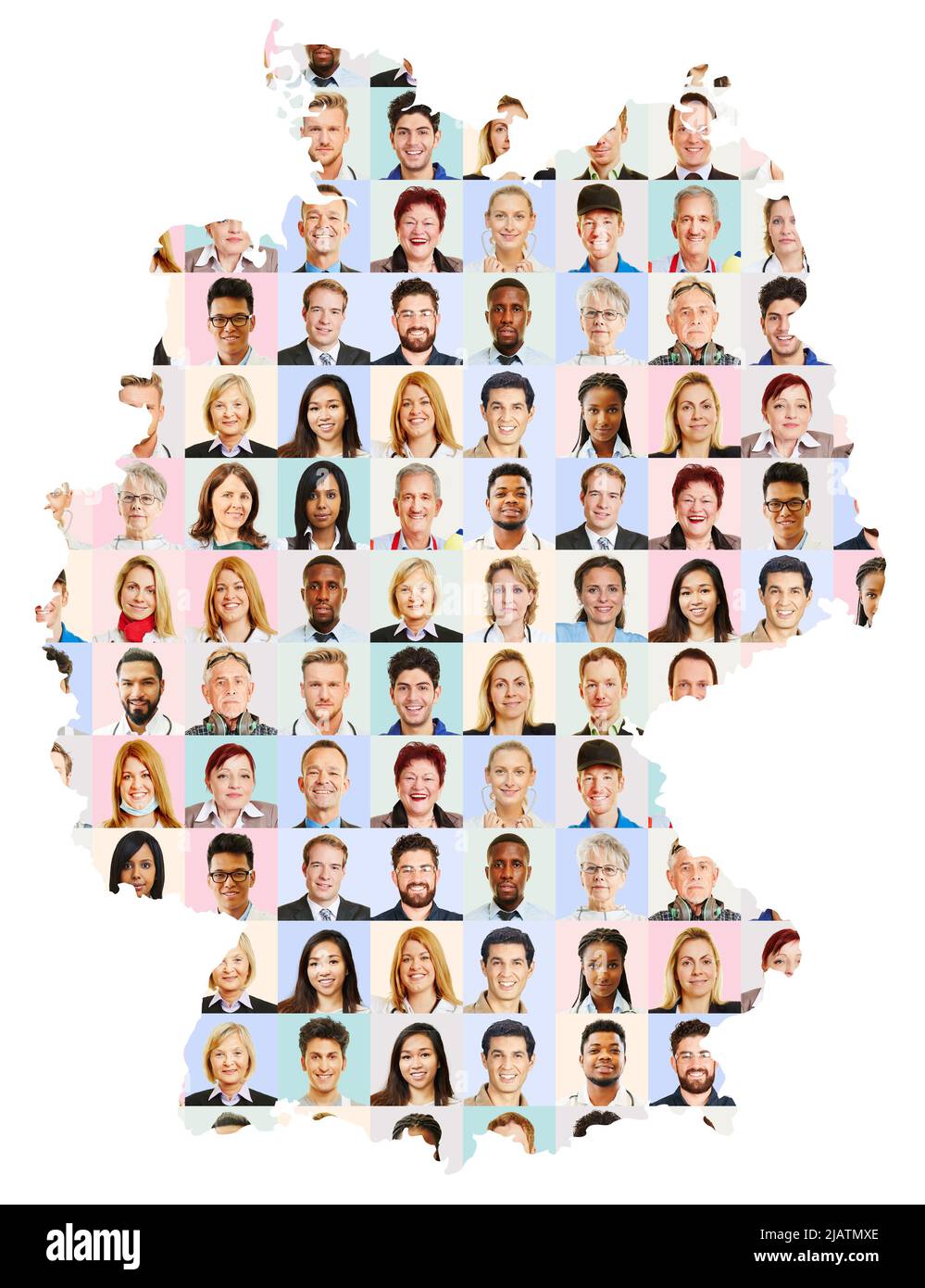 Employee portraits from different professions on Germany map as career concept Stock Photo