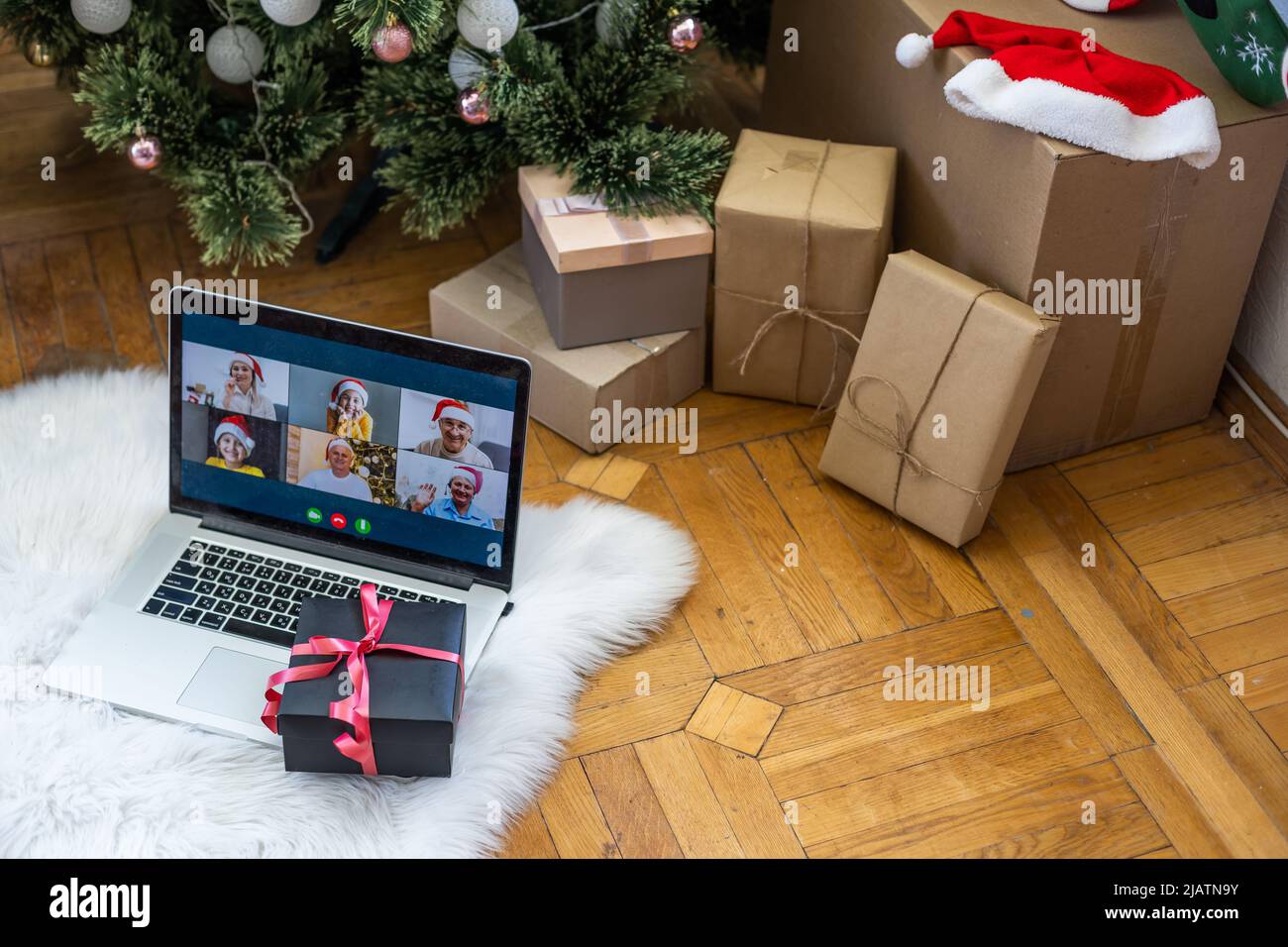 Virtual Christmas day house party. video conferencing, video call via