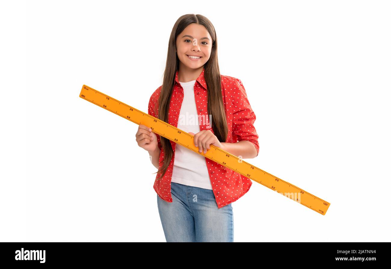 happy child hold ruler study mathematics at school isolated on white ...