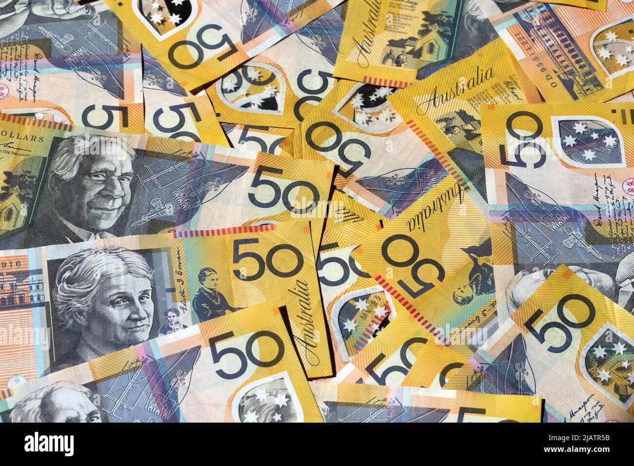 A background of Australian 50 dollar notes Stock Photo