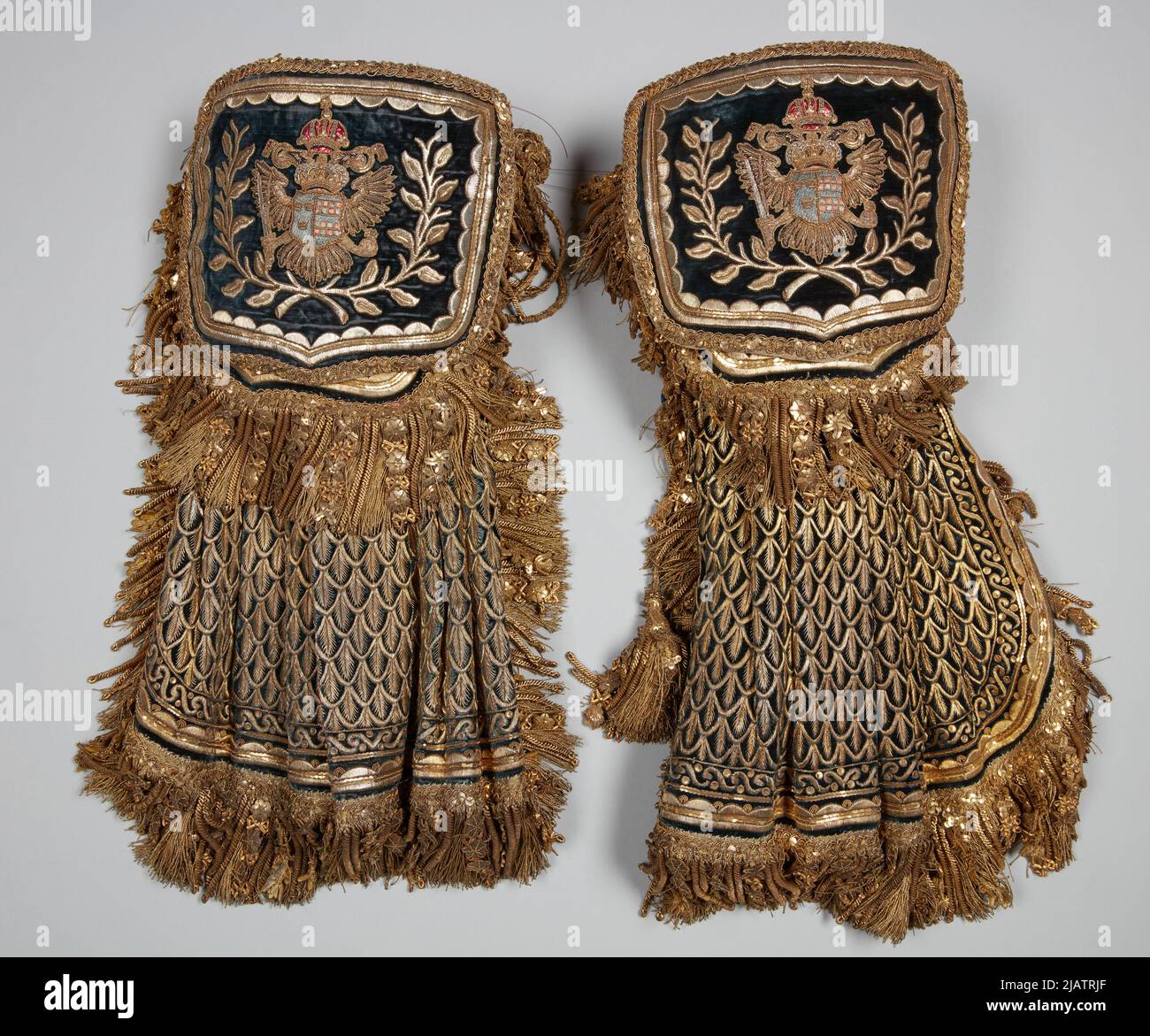 One of pair of holsters with flaps and saddle pockets – part of the horse tack after Prince Adam Kazimierz Czartoryski, Captain of the Galician Noble Guard in Vienna Morycz Warszawski embroidered, Sender Z Otnik Warszawski Stock Photo