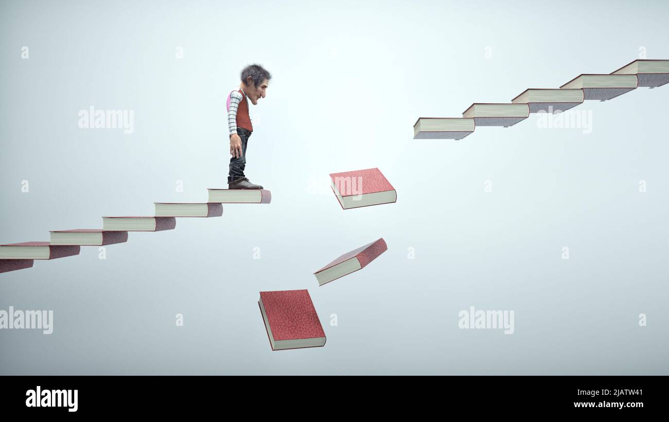 Old man on stairs made of books and a gap. Overcome obstacles and risk taking concept. This is a 3d render illustration Stock Photo