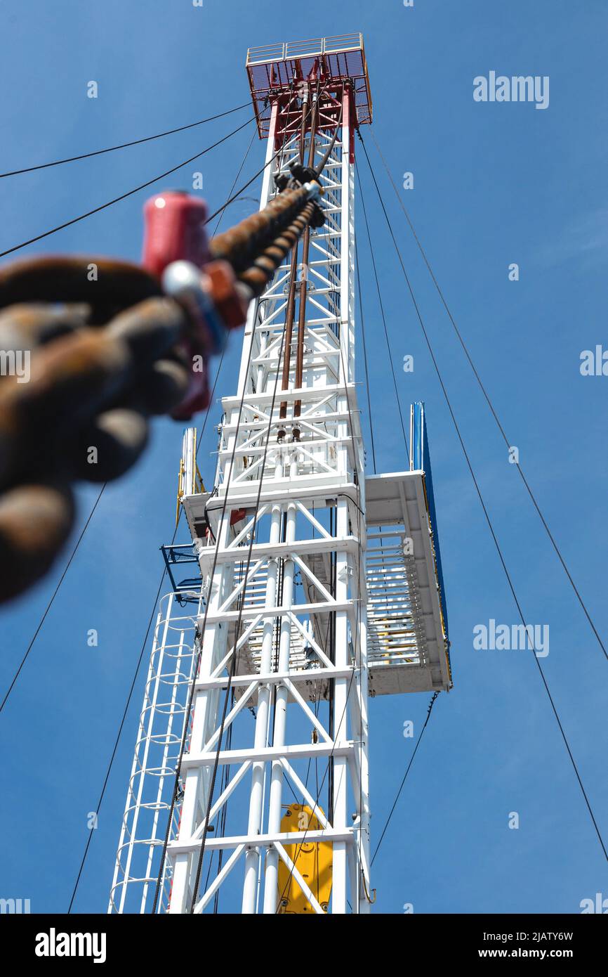 Mobile drilling rig close-up. Drilling and servicing oil and gas wells Stock Photo