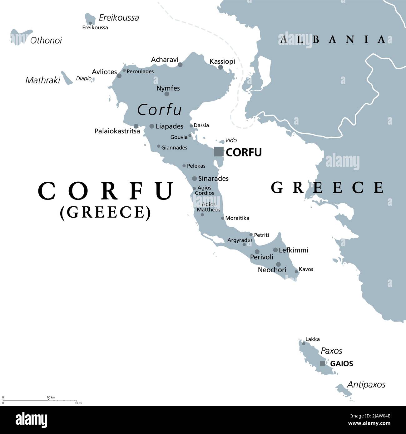 Corfu, island of Greece, gray political map. Also Kerkyra, is a Greek island in the Ionian Sea, and part of the Ionian Islands. Stock Photo