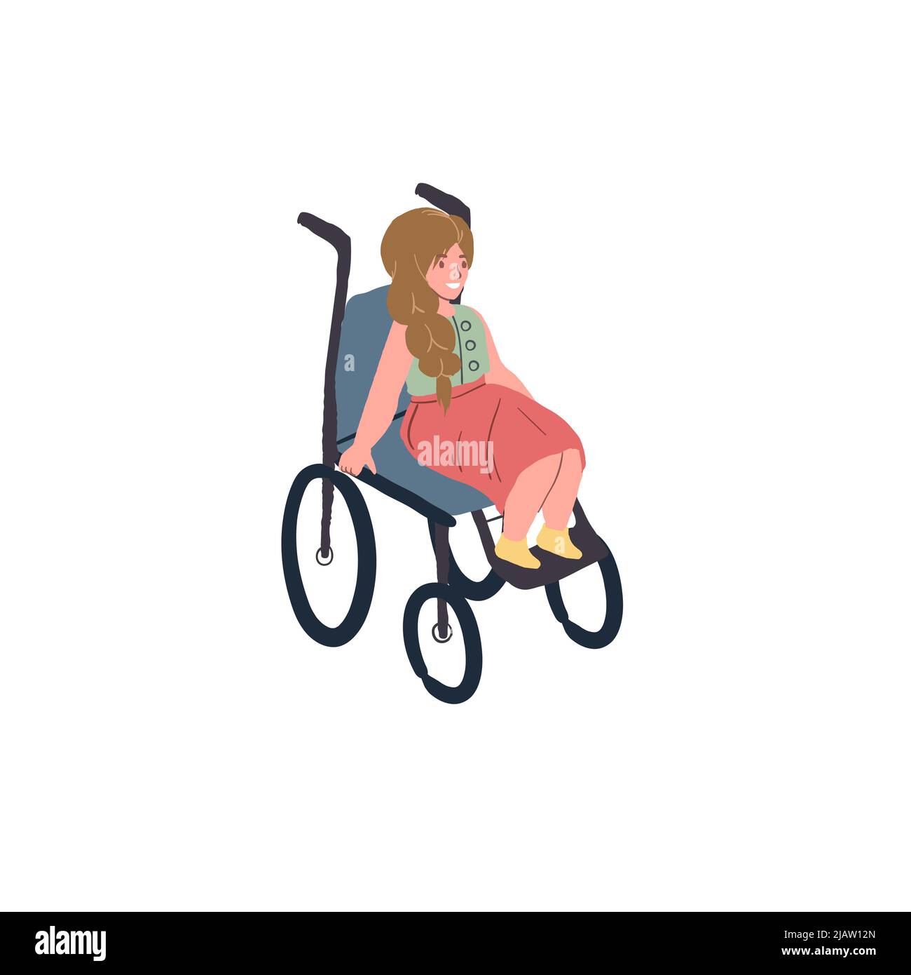 Flat cartoon girl character sits in wheelchair,disabled childrens care