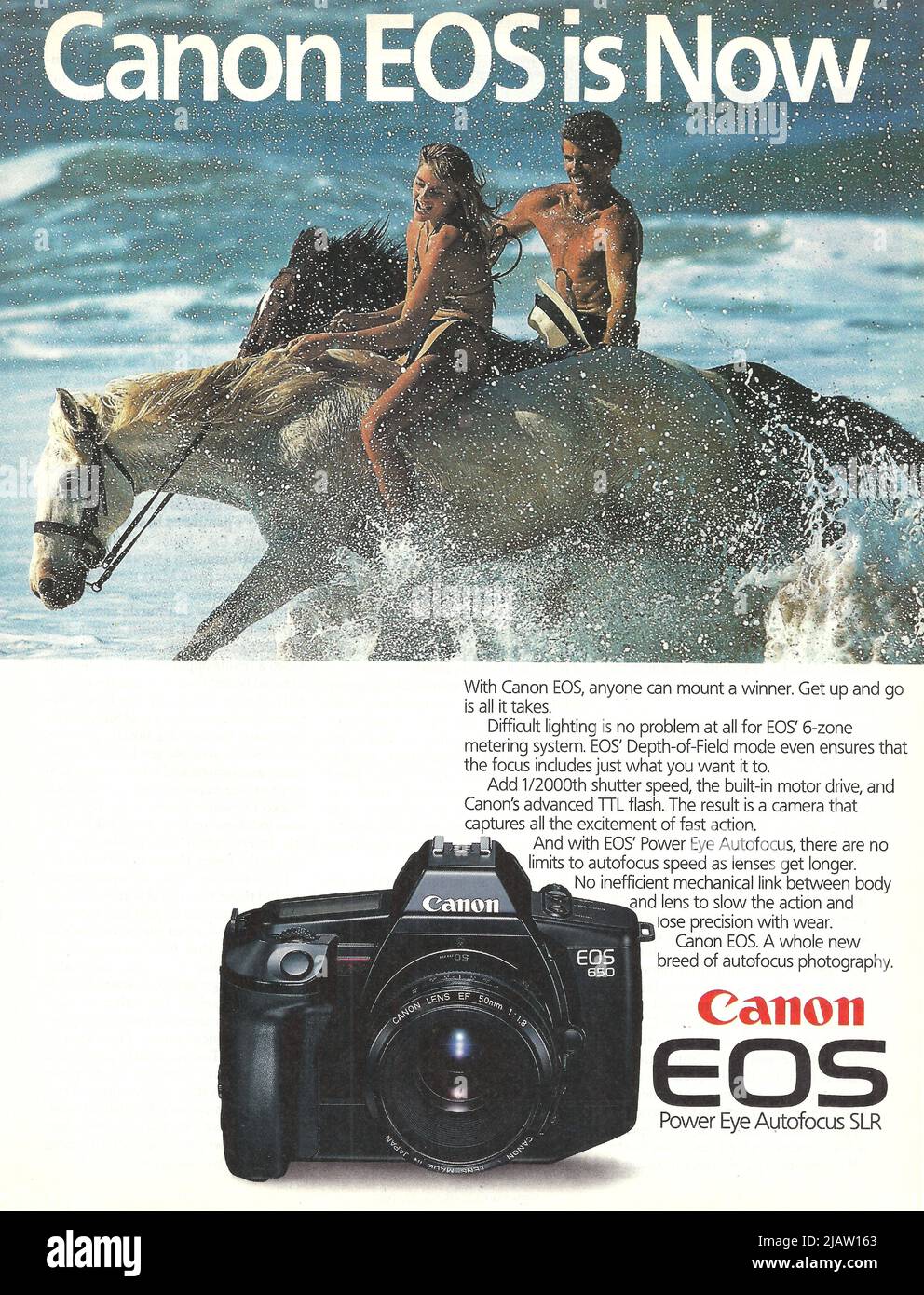 Canon EOS 650 cameras vintage paper advertisement Canon magazine advert 1970s 1980s Stock Photo