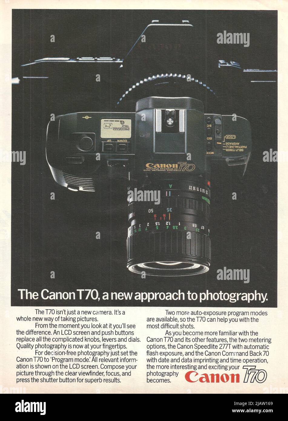 Canon T70 cameras vintage paper advertisement Canon magazine advert 1970s 1980s Stock Photo