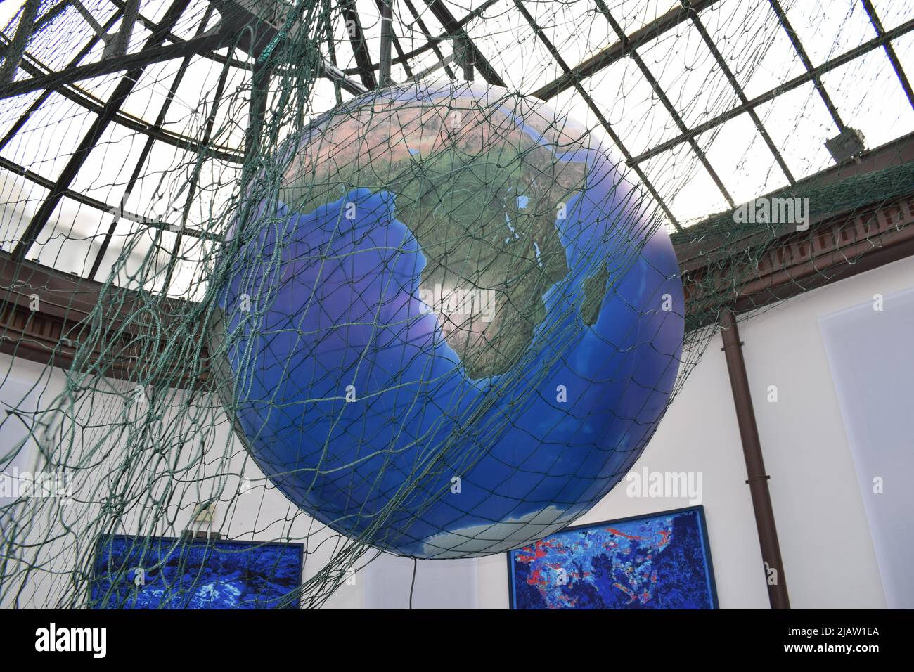 Art museum globe of Earth, statue, skylight, climate, green, environment, climate change Stock Photo