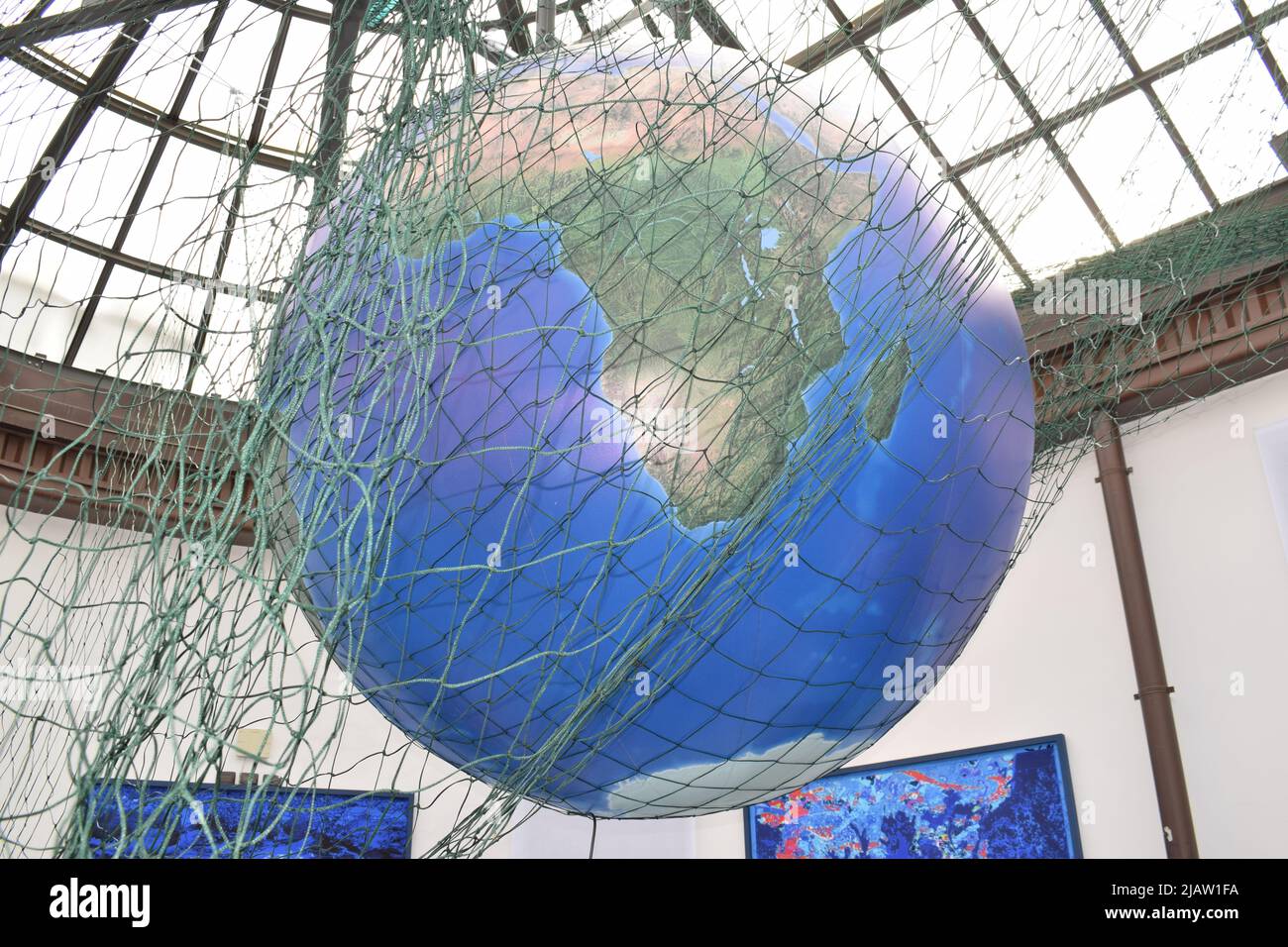 Art museum globe of Earth, statue, skylight, climate, green, environment, climate change Stock Photo