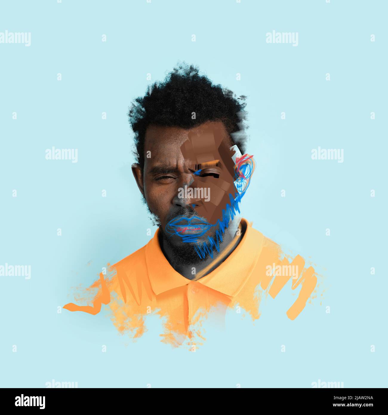 Poster with young serious african man's portrait over blue background. Poster graphics effect. Combination of photo and illustration. Ideas Stock Photo