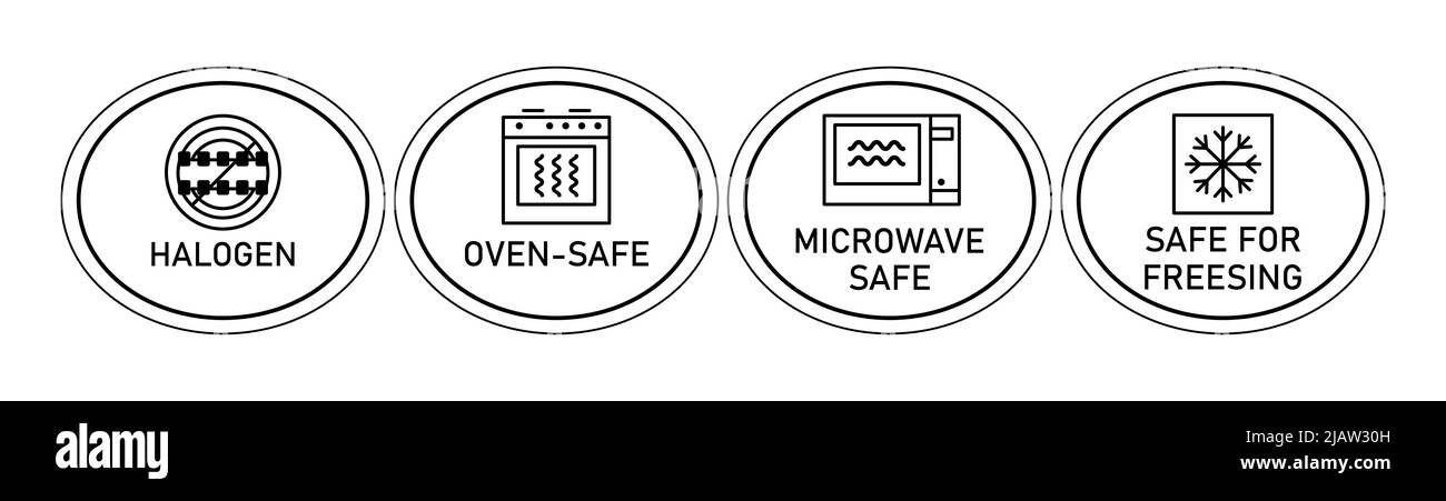 Icons: halogen , microwave safe,safe for freesing, oven-safe . Induction purpose for stoves and ovens. To indicate the surface of the dishes. Vector Stock Vector