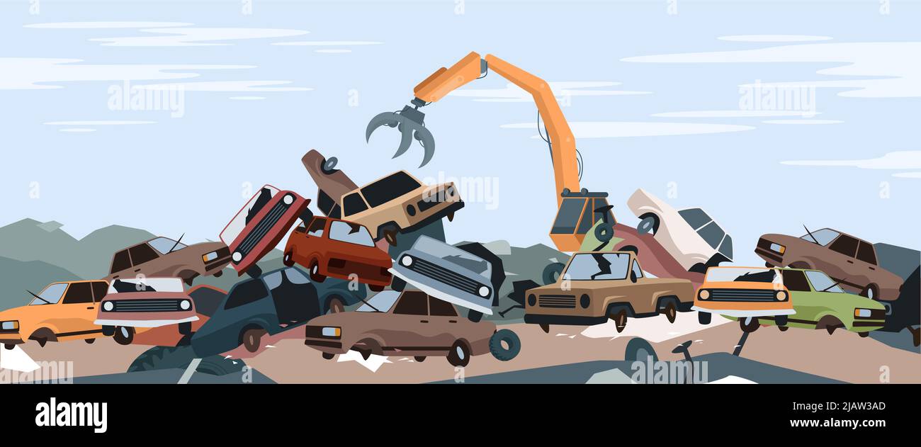 Car dump junkyard landscape with metal pile, crane working, dismantling scrapyard Stock Vector