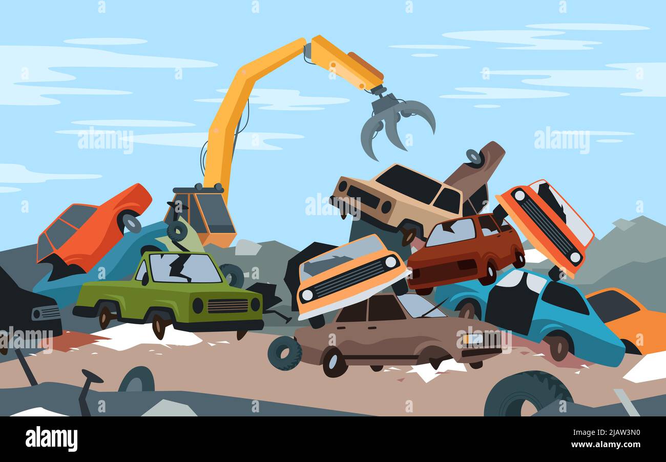 Cartoon steel crane working, dismantling scrapyard with old broken and crushed parts of auto vehicles, abandoned landfill background. Car dump Stock Vector