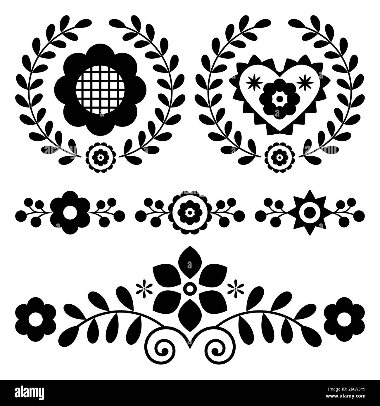 Polish folk art vector design elements set with flowers  - perfect for greeting card or wedding invitation in black and white Stock Vector