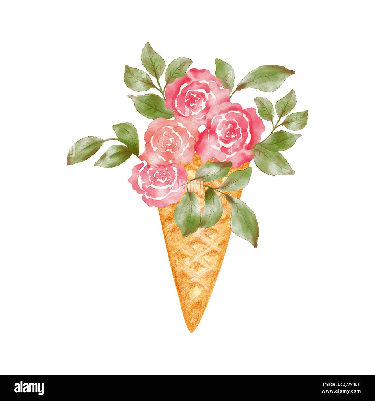 Ice cream waffle cone with floral bouquet. Watercolor composition of ...