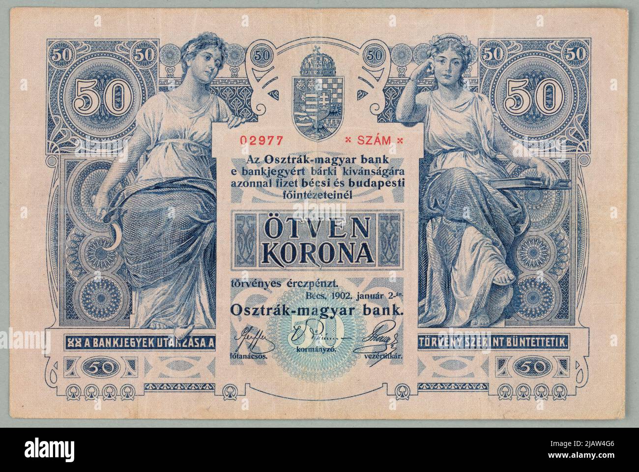 Banking for 50 Crowns, Austria Hunggarian Bank, Austro Hungary, 2.01.1902. Rössler, Rudolf (1864 1934), Klimt, Gustav (1862 1918) Stock Photo