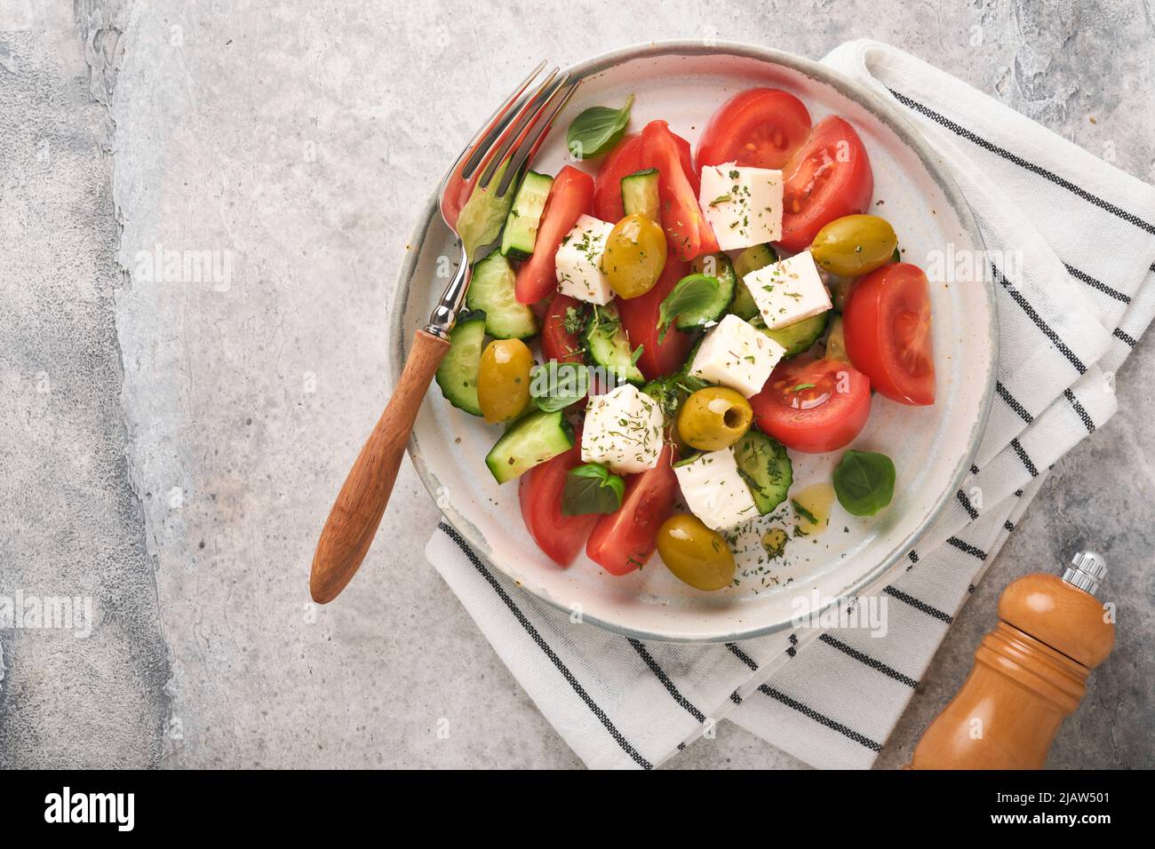 Greek salad. Fresh Greek salad with fresh vegetables, tomato, cucumber