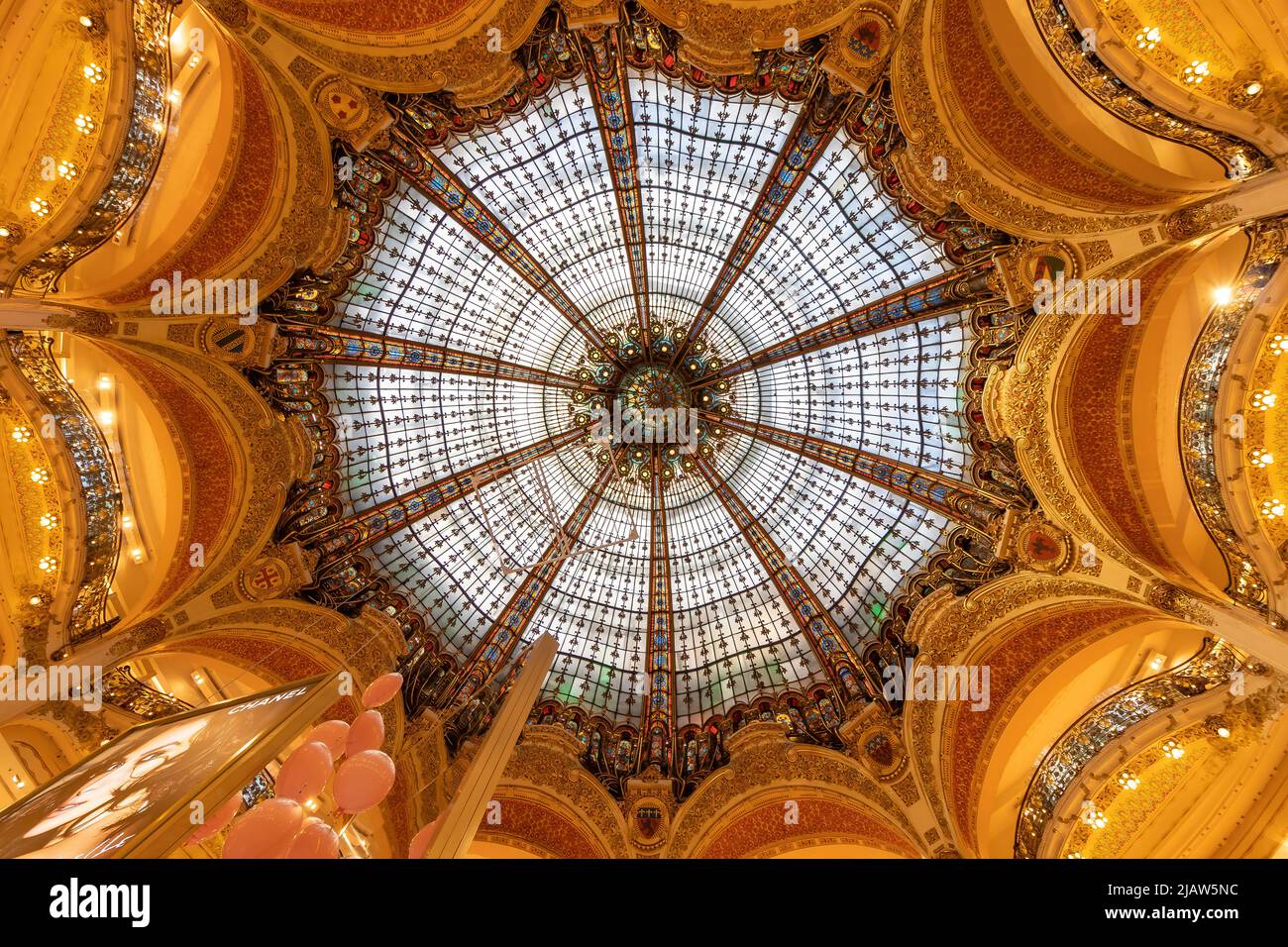 Paris, France - March 17, 2018: Ceiling of The Galeries Lafayette, an upmarket French department store chain, the biggest in Europe. Stock Photo