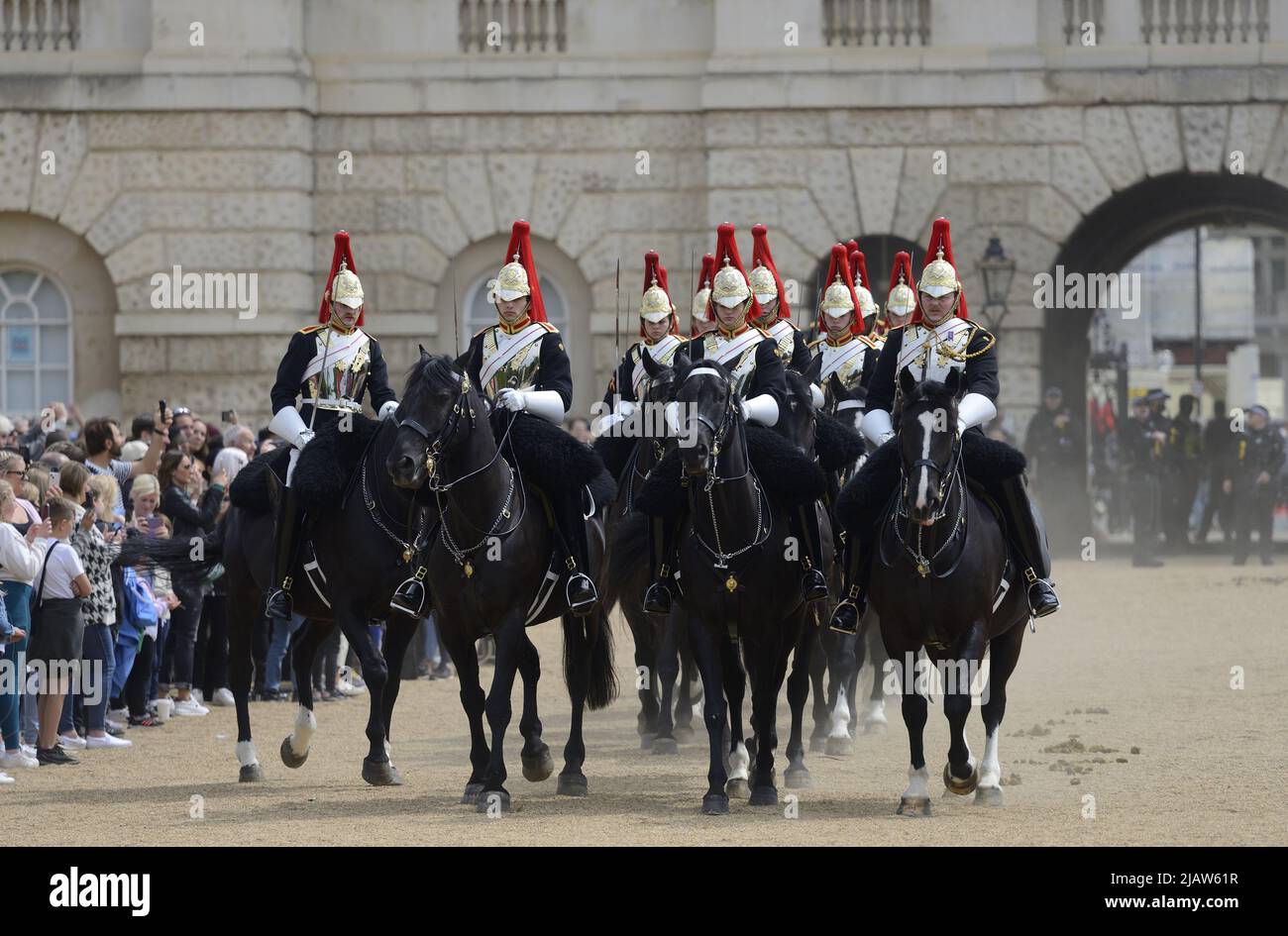 London, England, UK. Daily Changing of the Guard in Horse Guards Parade - members of the Blues and Royals leaving Stock Photo