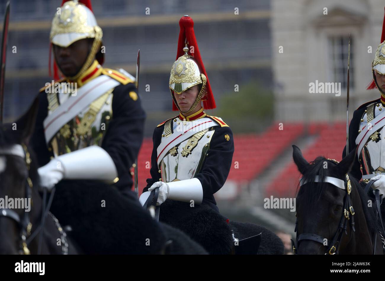 London, England, UK. Daily Changing of the Guard in Horse Guards Parade - members of the Blues and Royals Stock Photo