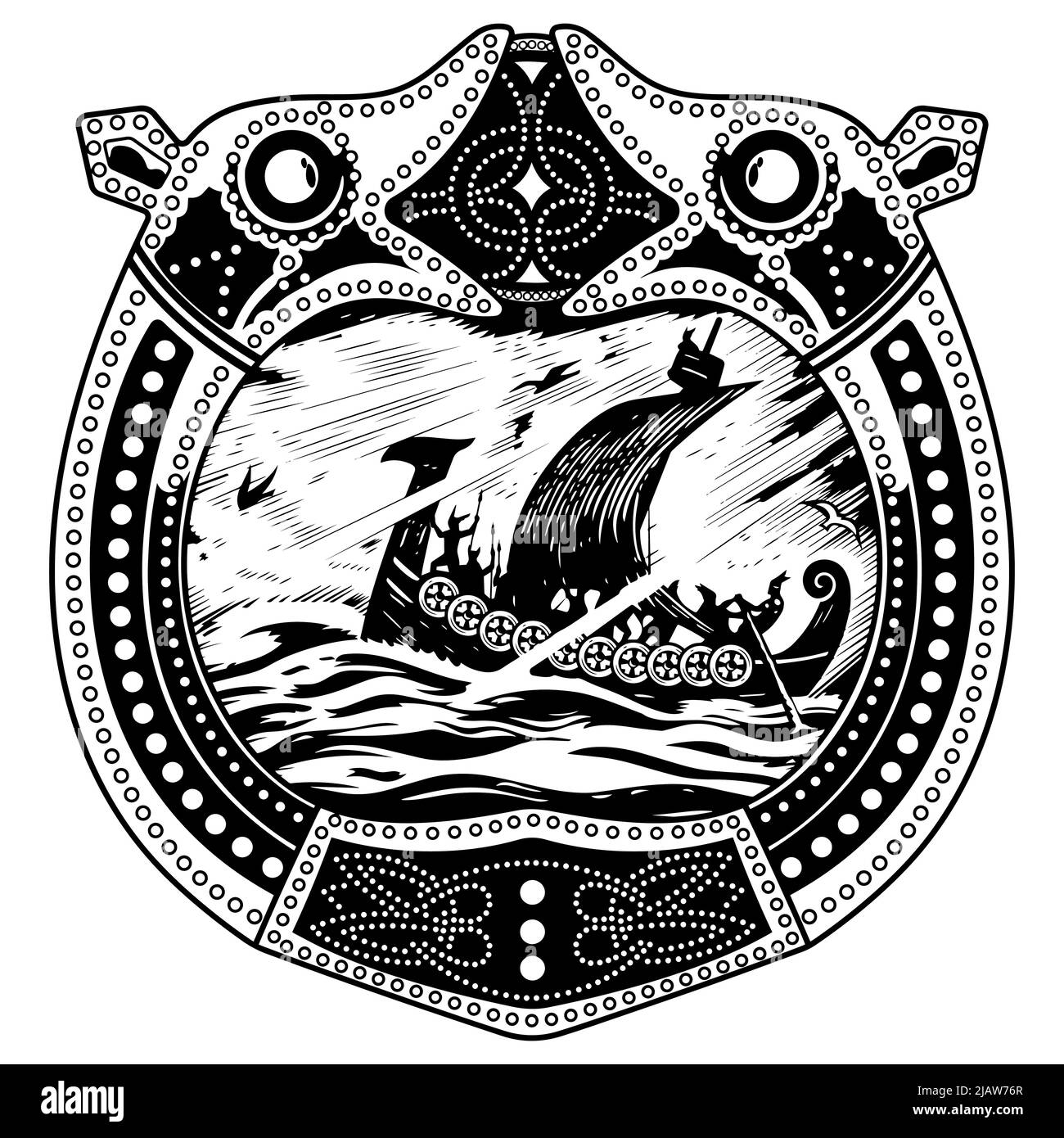 Viking design. Drakkar sailing in a stormy sea. In the frame of the Scandinavian pattern Stock Vector