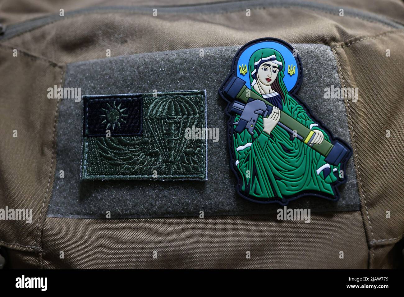 Patches depicting Taiwan's flag and a symbol known as Saint Javelin of