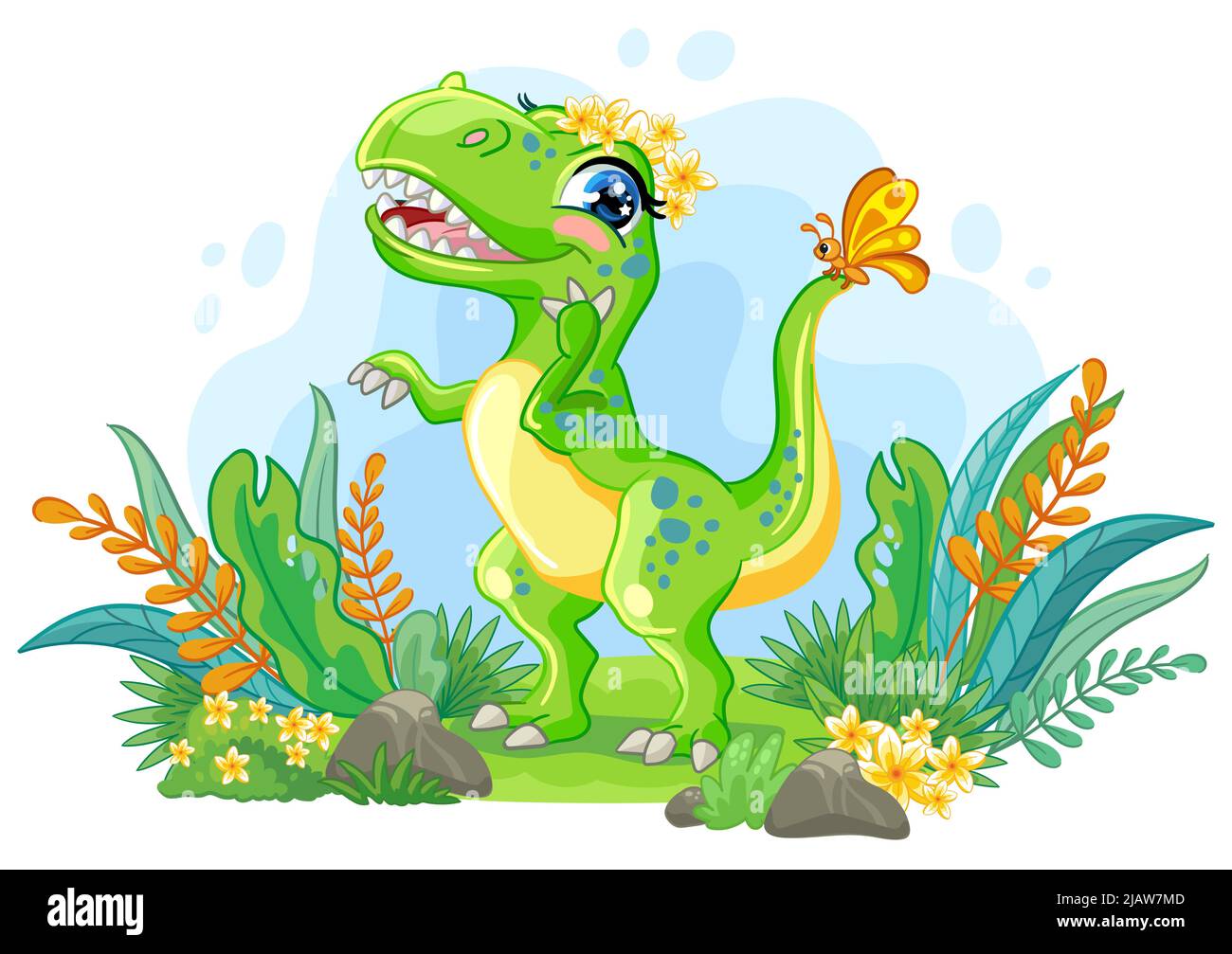 Colorful horizontal illustration with cute tyrannosaurus dinosaur in nature. Children cartoon background. Vector illustration. For print, design, adve Stock Vector