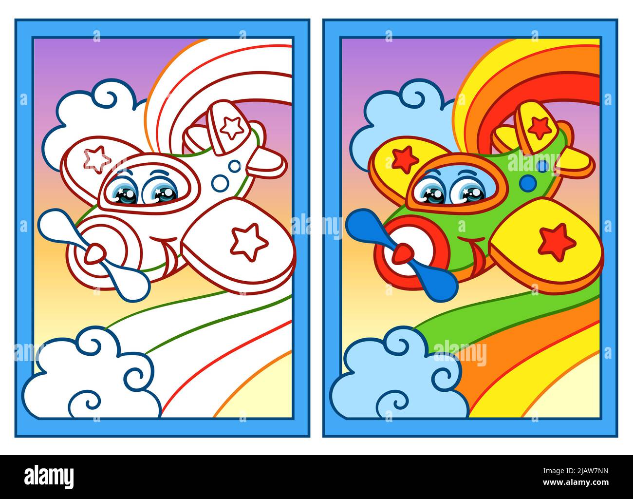 Cartoon cute happy plane in the sky. Coloring book page with color contour and colorful template for kids. Vector isolated illustration. For coloring Stock Vector
