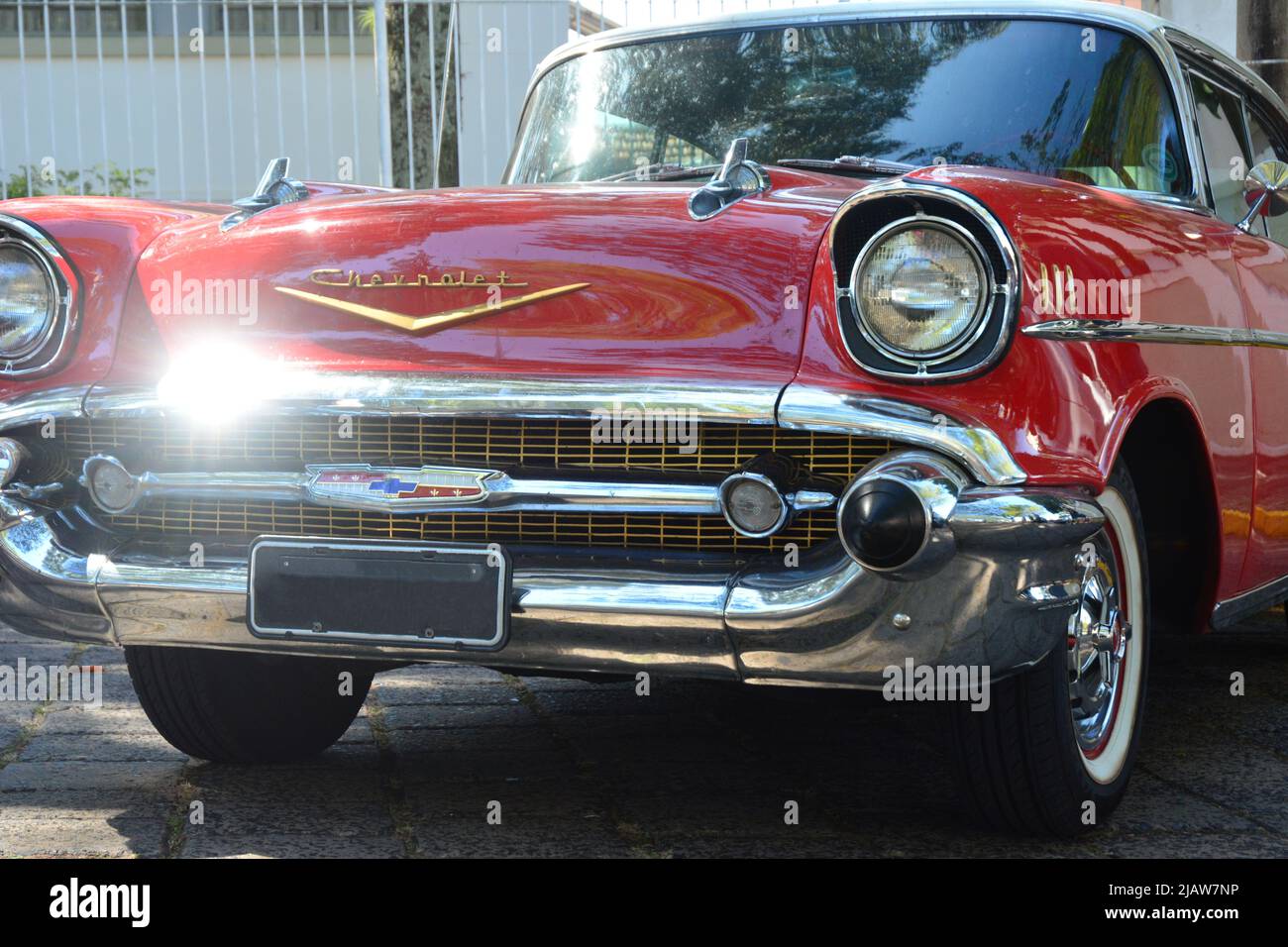 Vintage Belair chevrolet car on exhibition of vintage cars in Brazil, South America, bottom-up view, red color Stock Photo