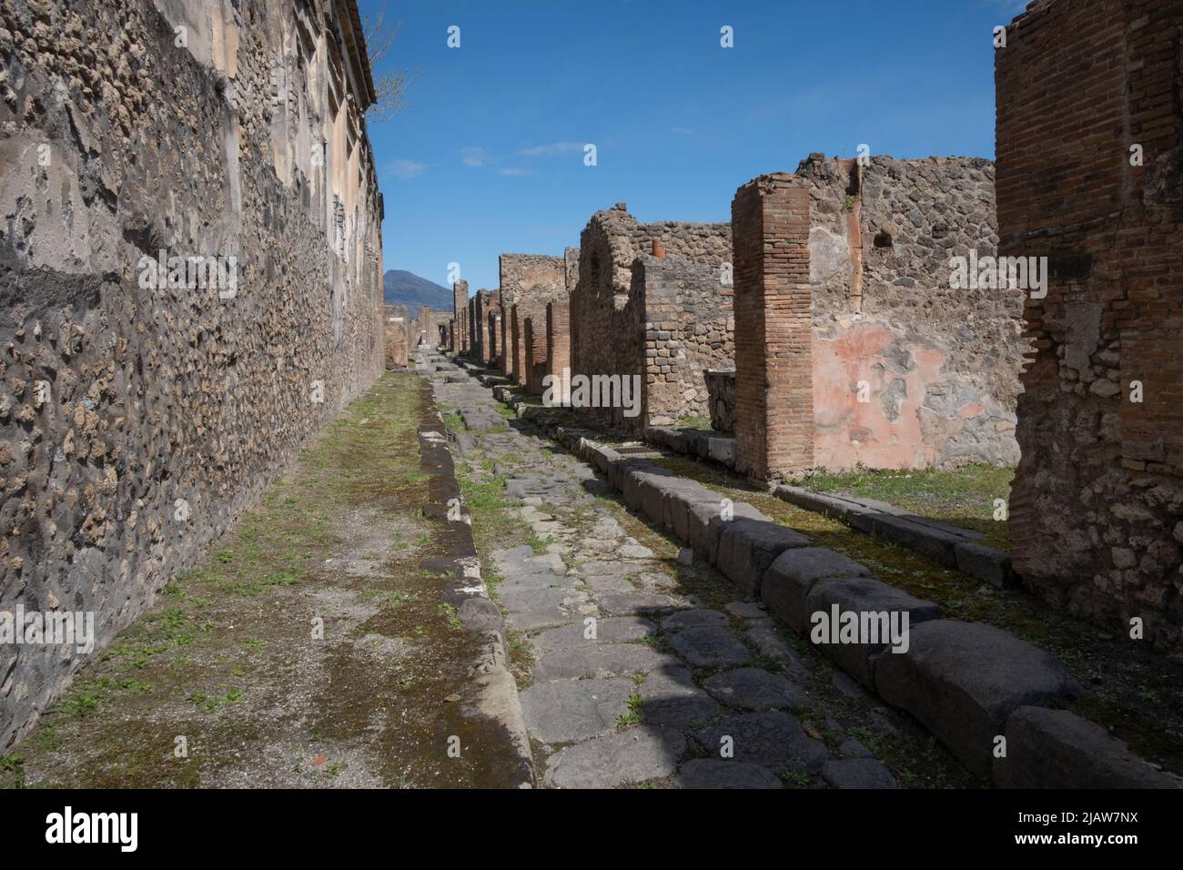 Street with walls of ruined houses in Pompeii, Italy Stock Photo