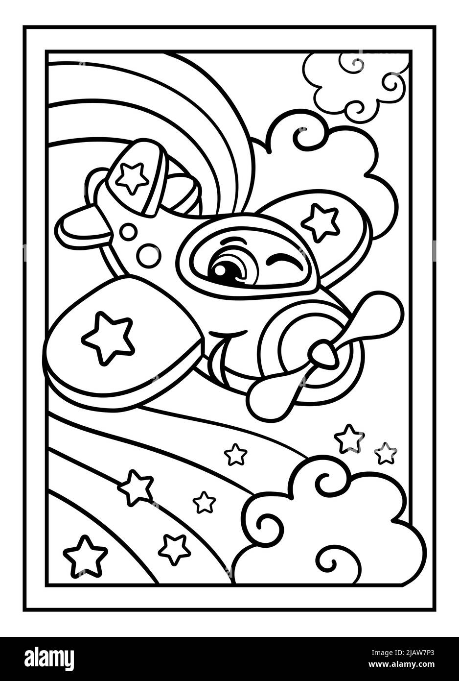 Cartoon cute happy plane in the sky. Coloring book page with black contour for kids. Vector isolated illustration. For coloring book, print, game, par Stock Vector