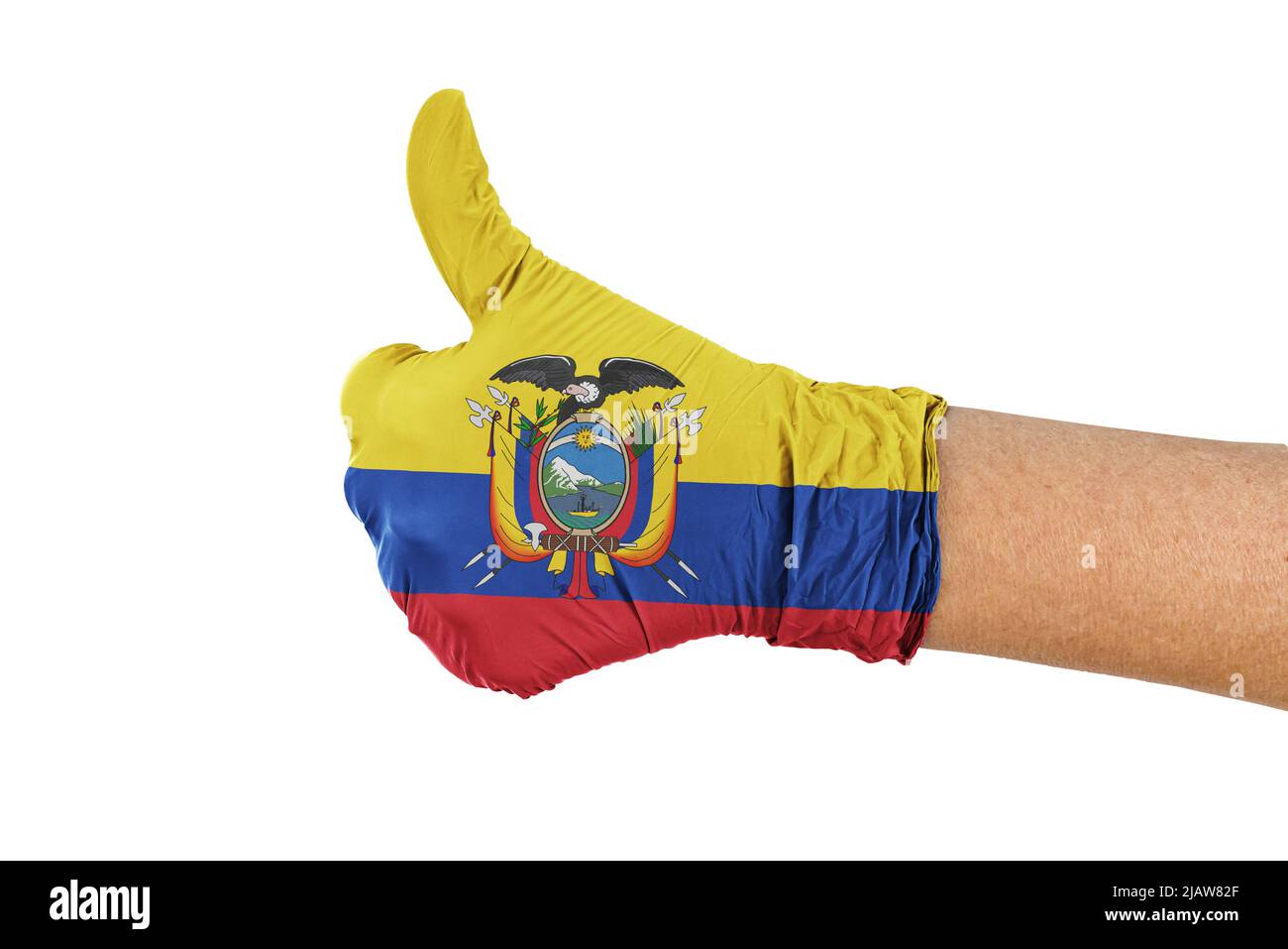 Ecuador flag on a medical glove showing thumbs up sign Stock Photo