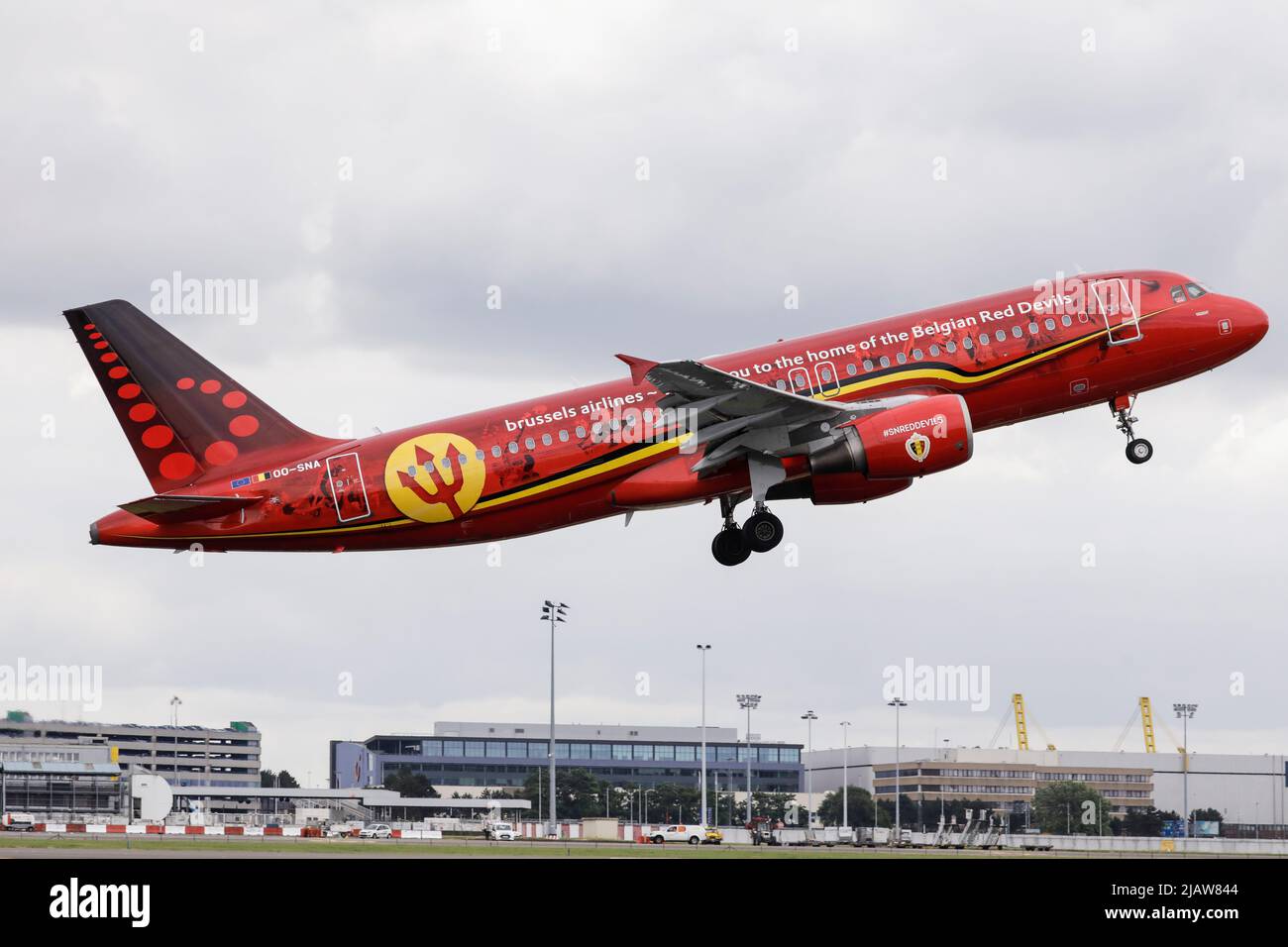 Illustration shows the special plane of Brussels Airlines called 'the Trident' with Belgian flag colours and pictures of players, at the take off at the departure of the Belgian national soccer team Red Devils, Wednesday 13 June 2018, in Zaventem airport. The Red Devils flight to Moscow today for the FIFA World Cup 2018. BELGA PHOTO THIERRY ROGE Stock Photo