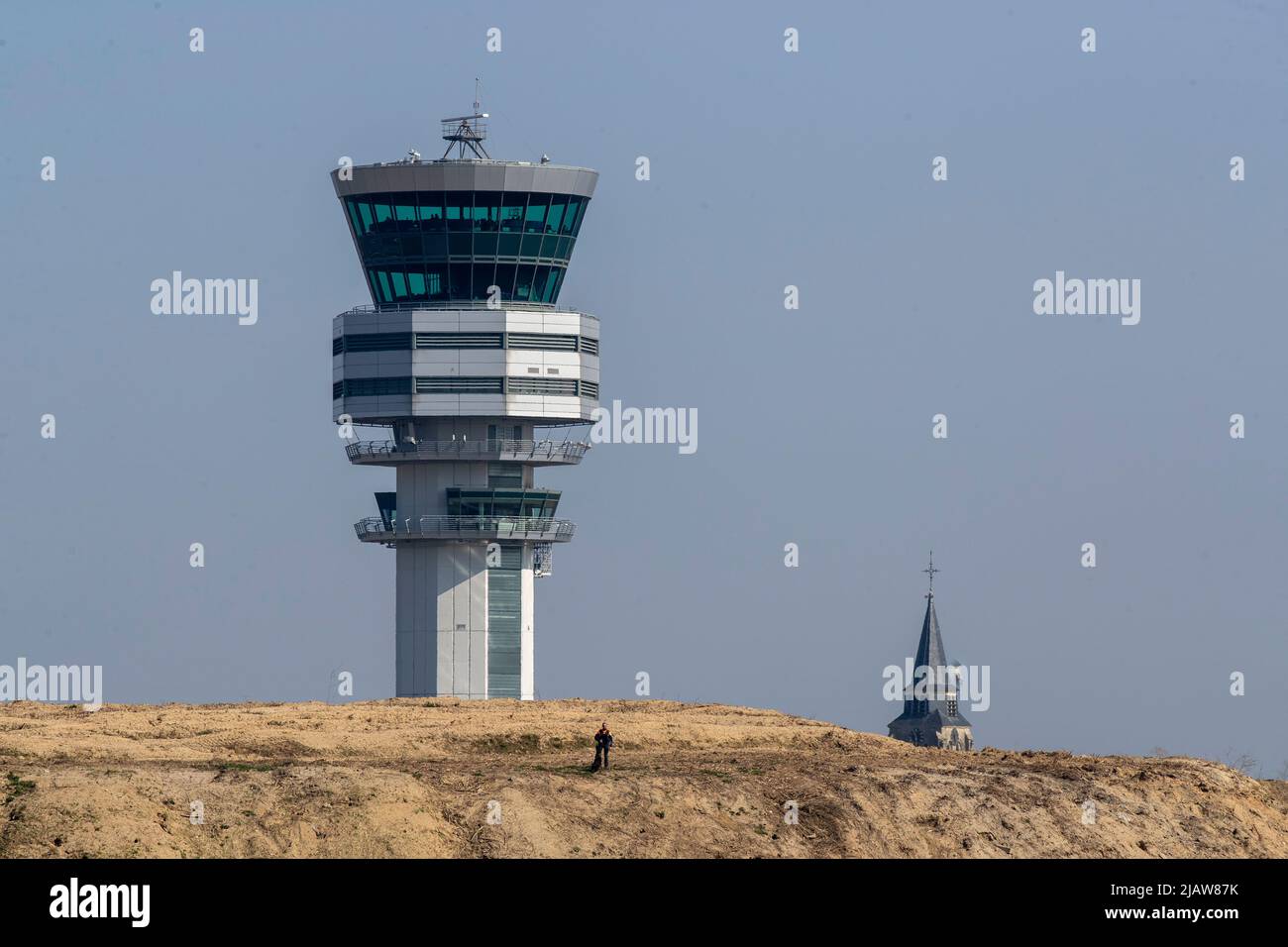 SKEYES air traffic control tower pictured during Biden's departure from Brussels to Poland, Friday 25 March 2022 after attending an extraordinary summit of the NATO (North Atlantic Treaty Organization) military alliance and a European Council Summit concerning the Russian invasion in Ukrain, in Brussels, Friday 25 March 2022. Biden and the European leaders took stock of the economic sanctions against Russia and Belarus. BELGA PHOTO NICOLAS MAETERLINCK Stock Photo