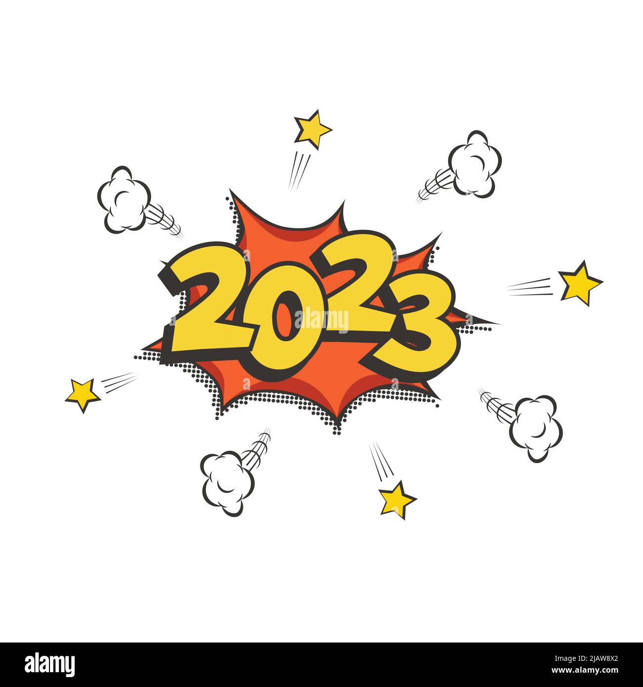 2023 New Year comic book style postcard or greeting card element. Vector winter holiday retro design Stock Vector
