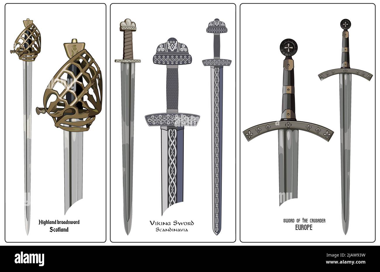 Ancient Europe weapon - set of swords. Viking's sword, sword knights crusaders, broadsword of the highlanders of Scotland. Stock Vector
