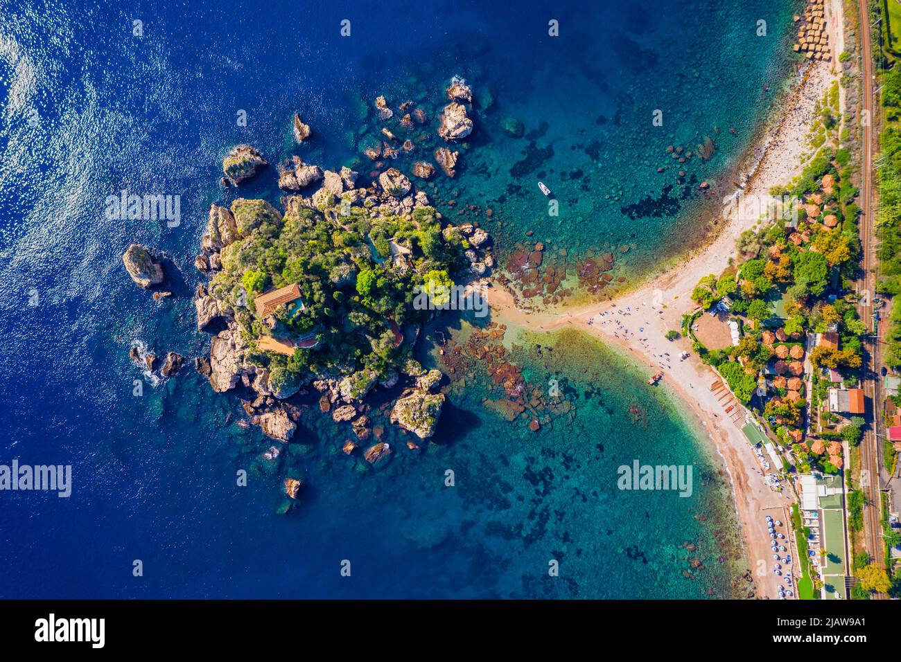 Aerial view of Isola Bella in Taormina, Sicily, Italy. Isola Bella is small island near Taormina, Sicily, Italy. Narrow path connects island to mainla Stock Photo