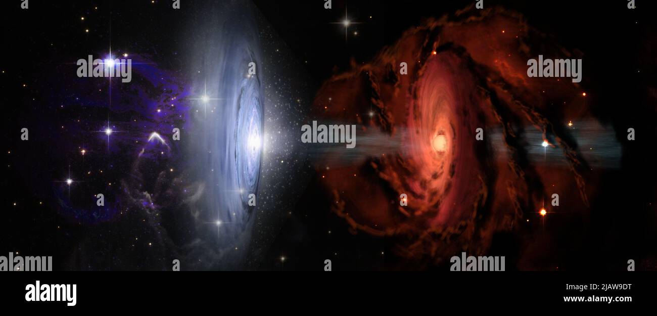The struggle of opposites, two galaxies black holes hot and cold, red