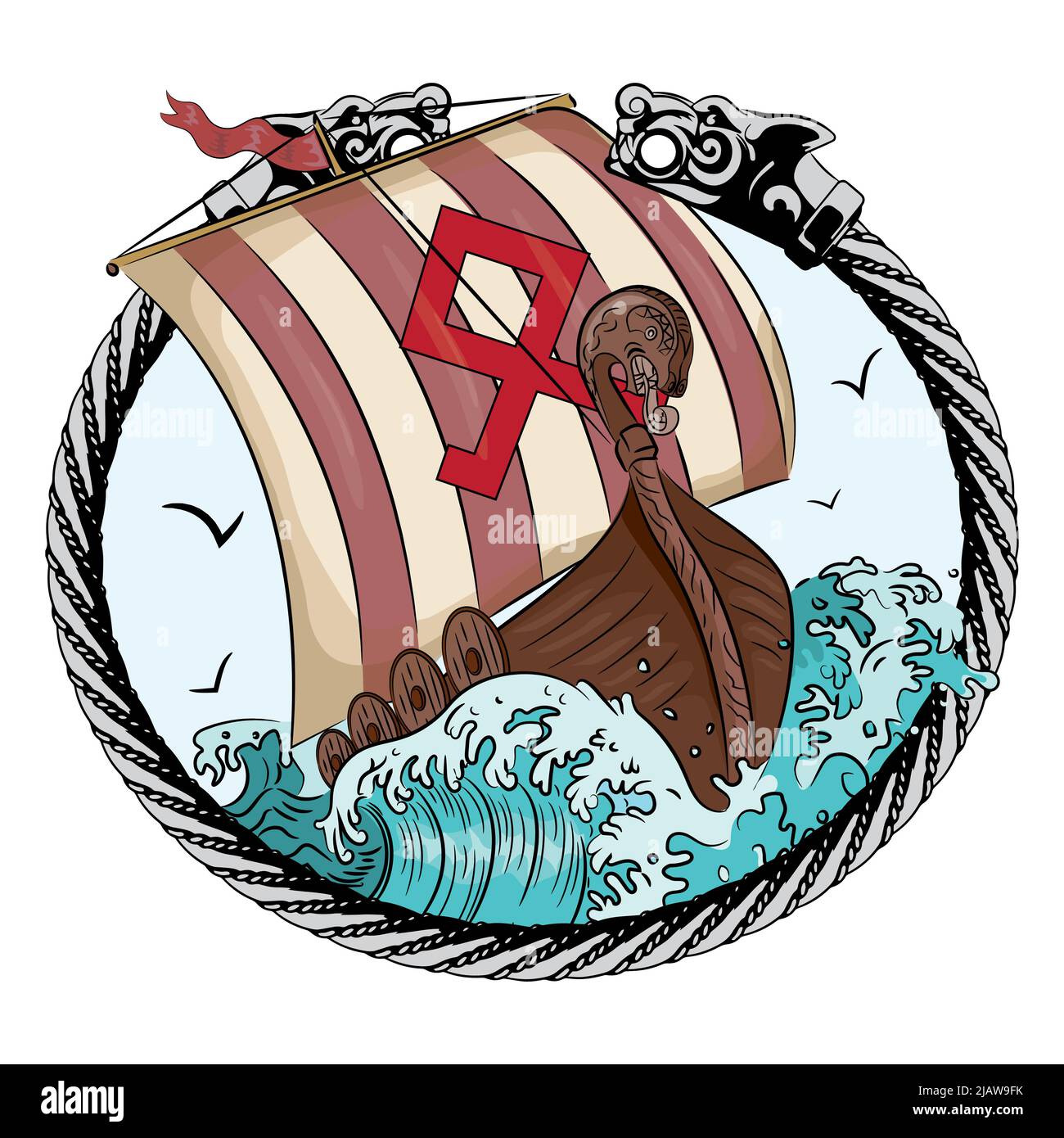 Drakkar sailing on the stormy sea in the frame of the Scandinavian wreath with a wolf head Stock Vector