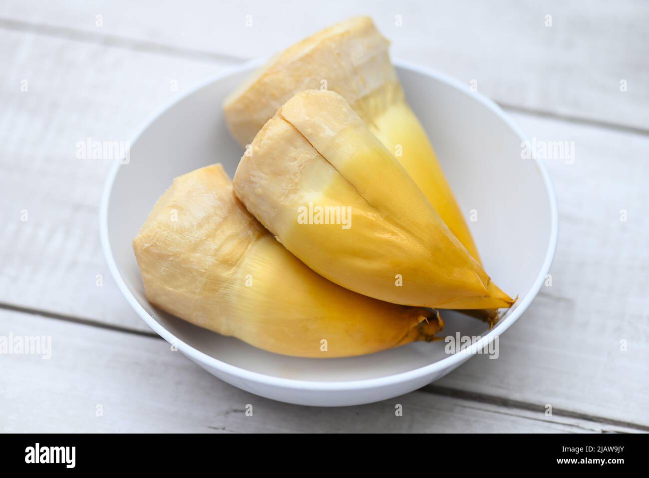bamboo shoot cooking on bowl , fresh bamboo shoots food in thailand on table background Stock
