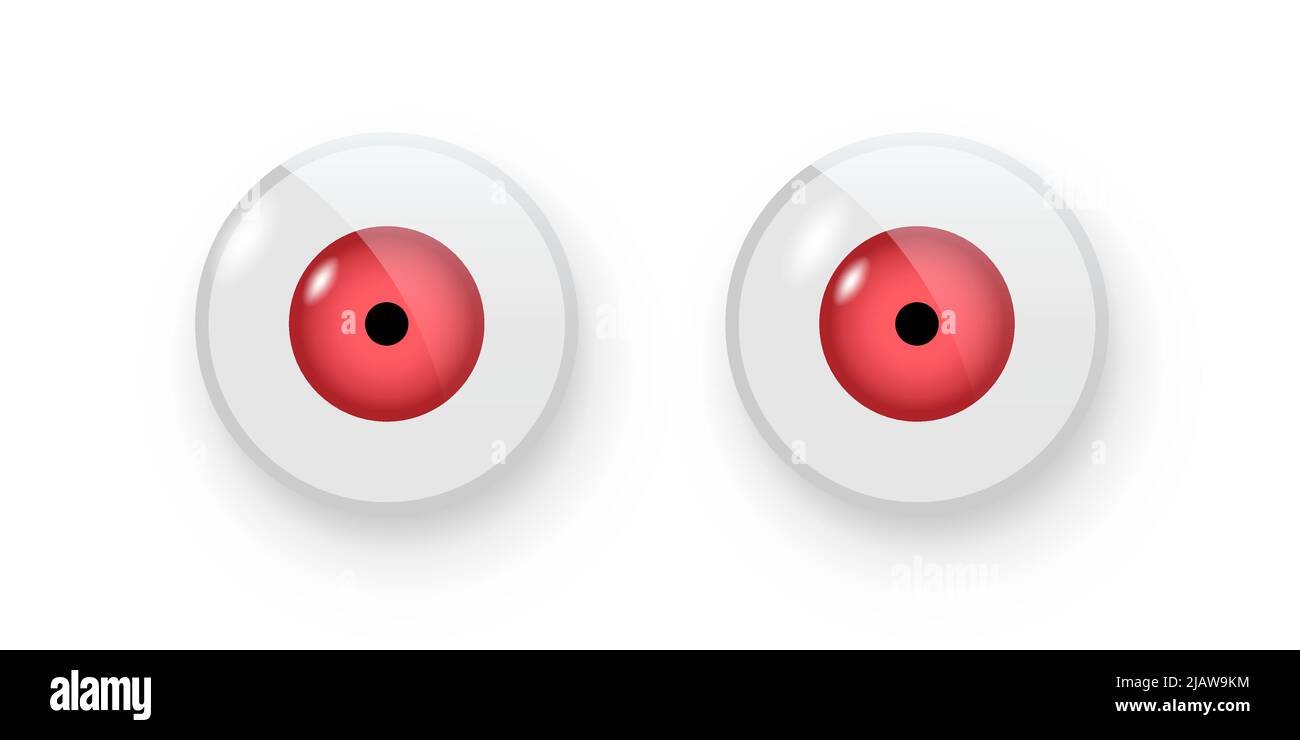 Toy eyes vector illustration. Wobbly plastic open red eyeballs of dolls looking forward round parts with black pupil isolated on white background. Stock Vector