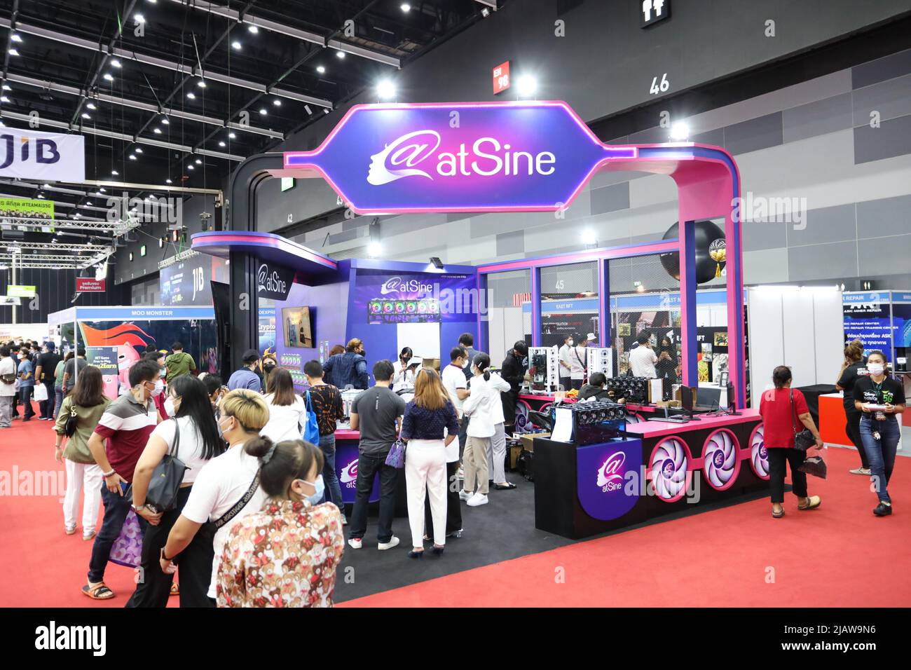 Bangkok, Thailand. 15th May, 2022. (5/15/2022) The @ atSine booth showcases  digital coin mining equipment and hardware. which is open to visit and  distribute at Thailand Crypto Expo 2022. in Bangkok, Thailand. (