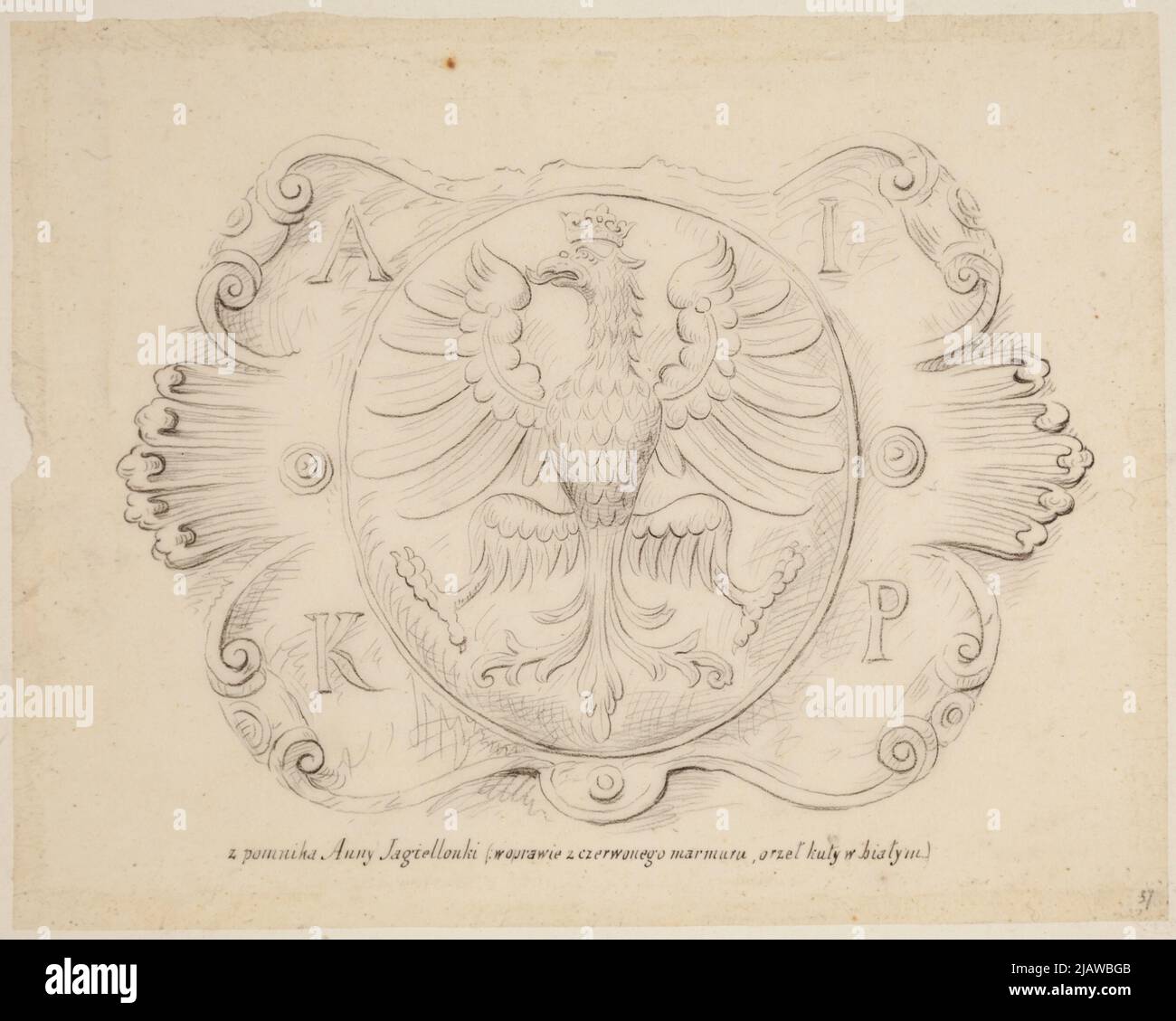 The excess of the eagle from the tombstone of Anna Jagiellon in the Zygmuntów chapel in the Wawel cathedral. Board from the unpublished portfolio Eagles Łepkowski, Ludwik (1829 1905), Cercha, Stanisław (1867 1919) Stock Photo