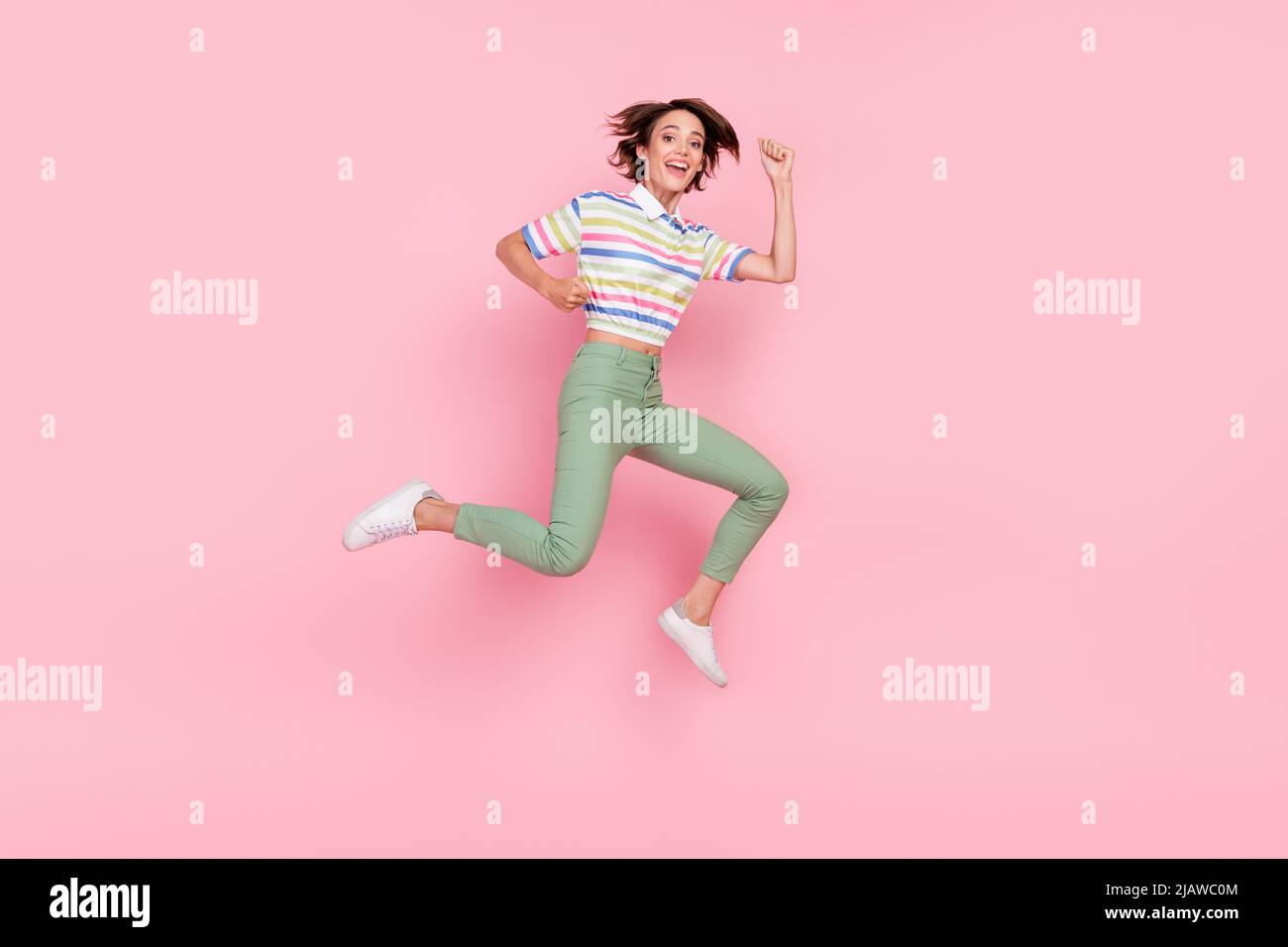 Full size profile side photo of young girl happy positive smile go walk ...