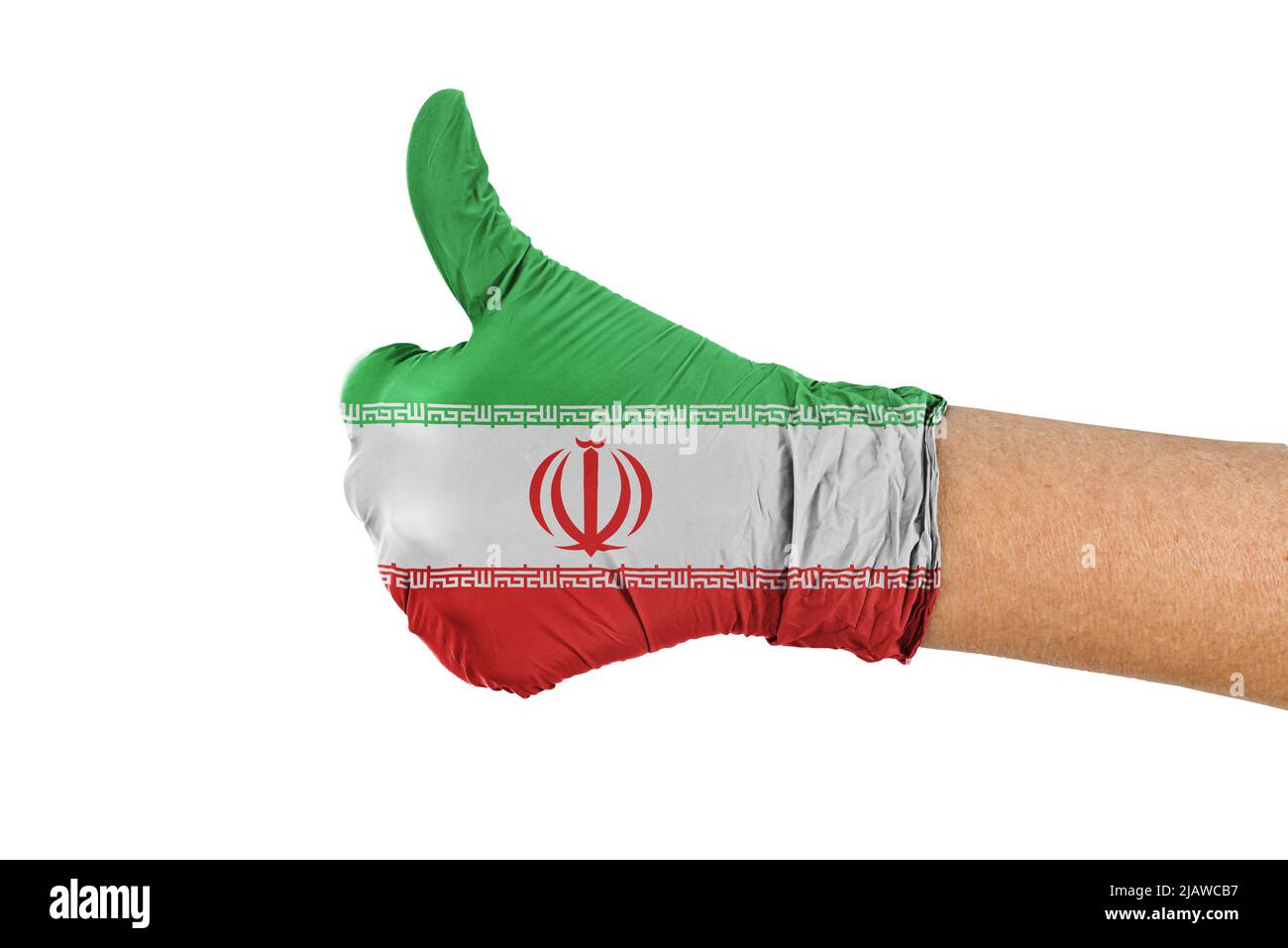 Iran flag on a medical glove showing thumbs up sign Stock Photo Alamy