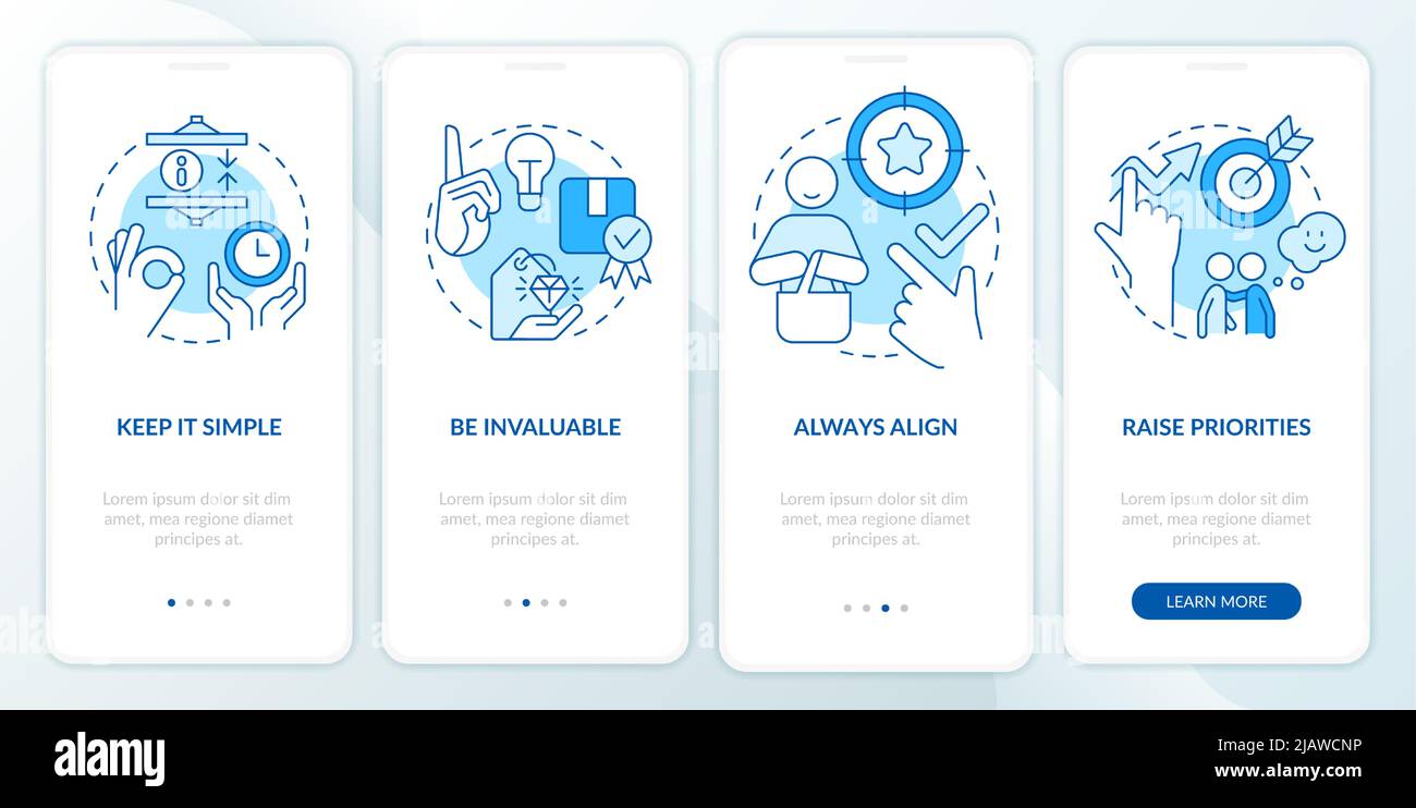 Components of communication blue onboarding mobile app screen Stock Vector