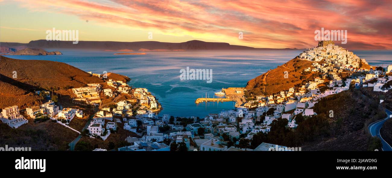 Stunning mediterranean sunset scenery. Beautiful Astypalea (Astypalaia) island, Dodecanese, Greece travel Stock Photo