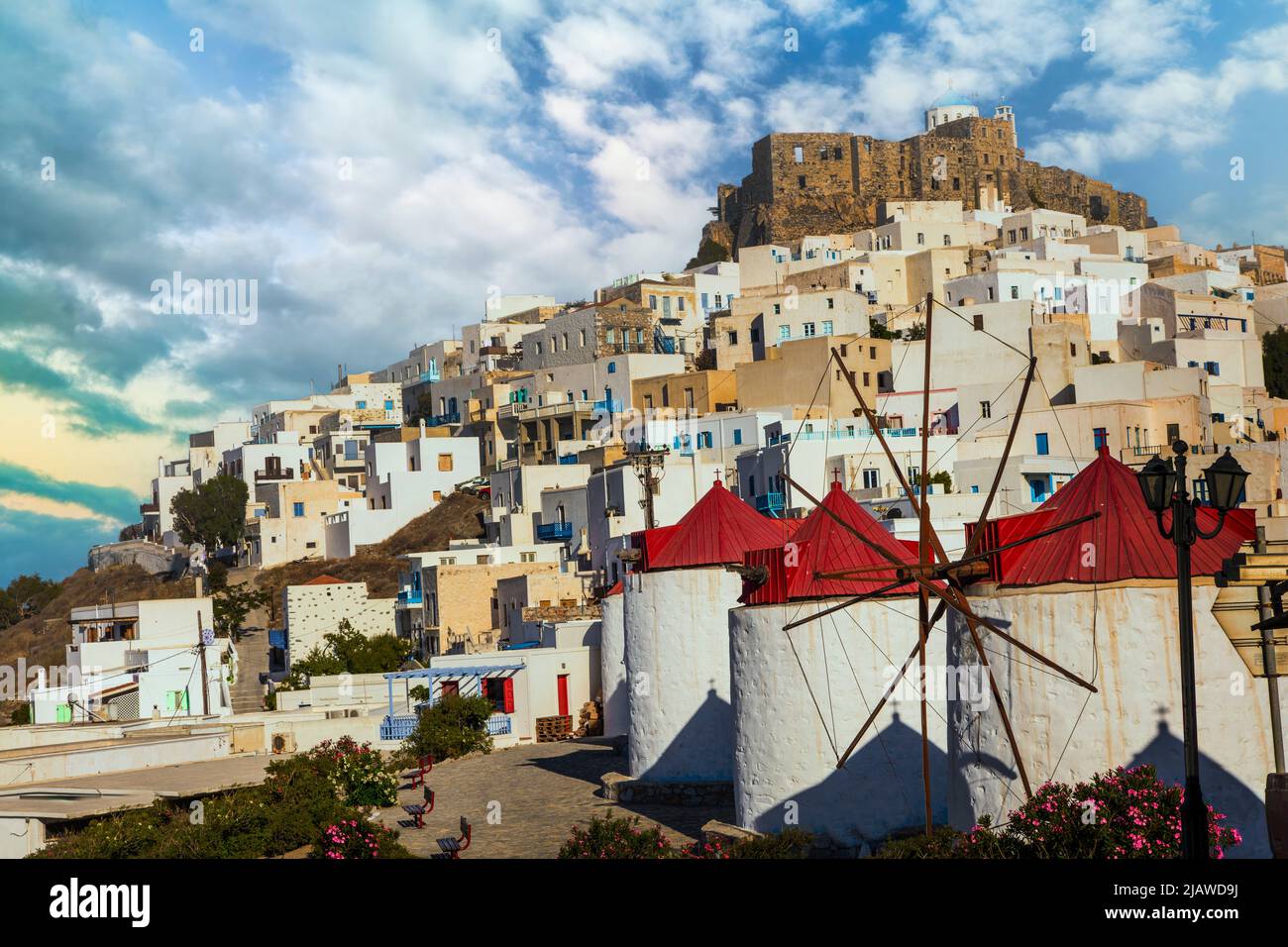 Traditional Greece - beautiful Chora village with windmills. Astypalea island, Dodecanese Stock Photo