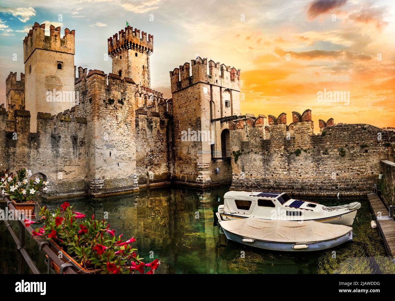 Most beautiful medieval castles of Italy - Scaligero Castle in Sirmione. Lake Lago di Garda in north, Lombardy Stock Photo